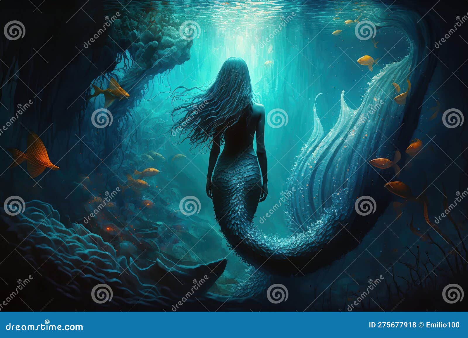 Beautiful Mermaid Swimming in the Depths, Illustration Generated by AI ...