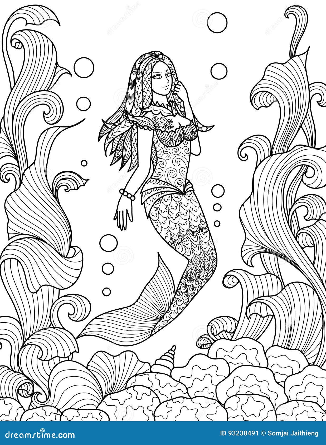 Beautiful mermaid swimming under the sea for adult coloring book pages Vector illustration