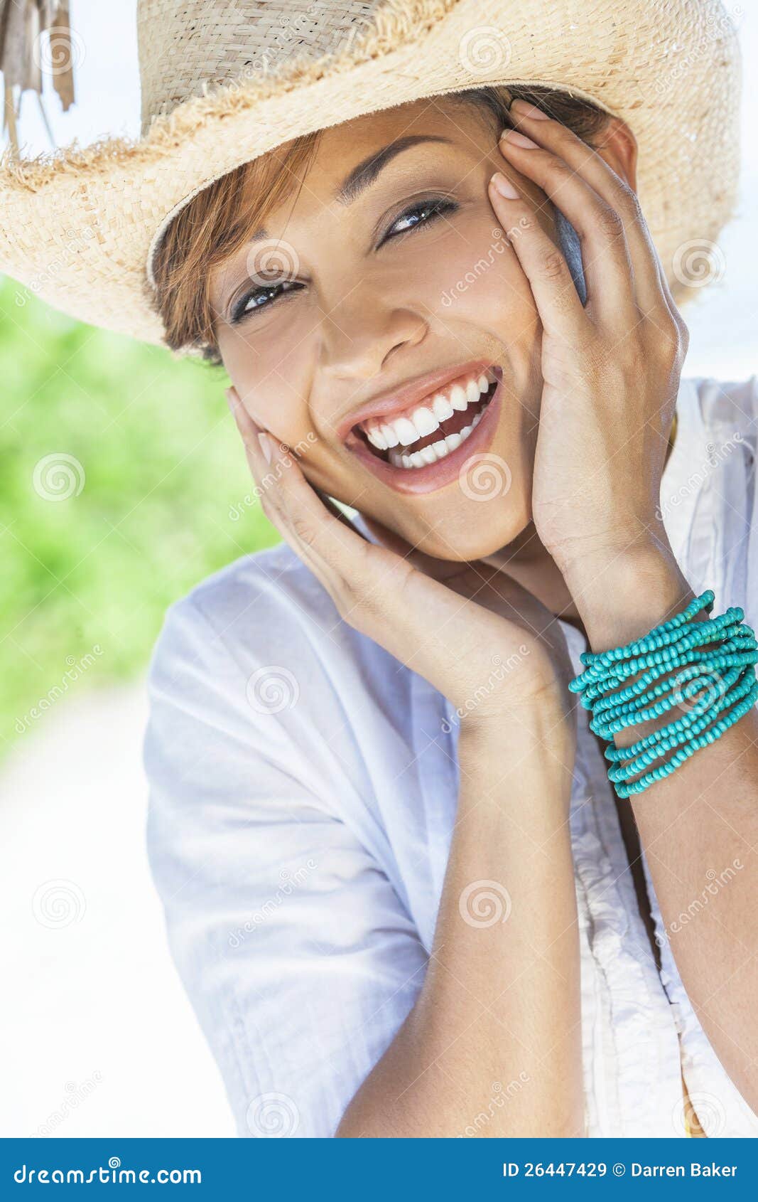 Beautiful Mixed Race Woman Laughing In Straw Hat Royalty