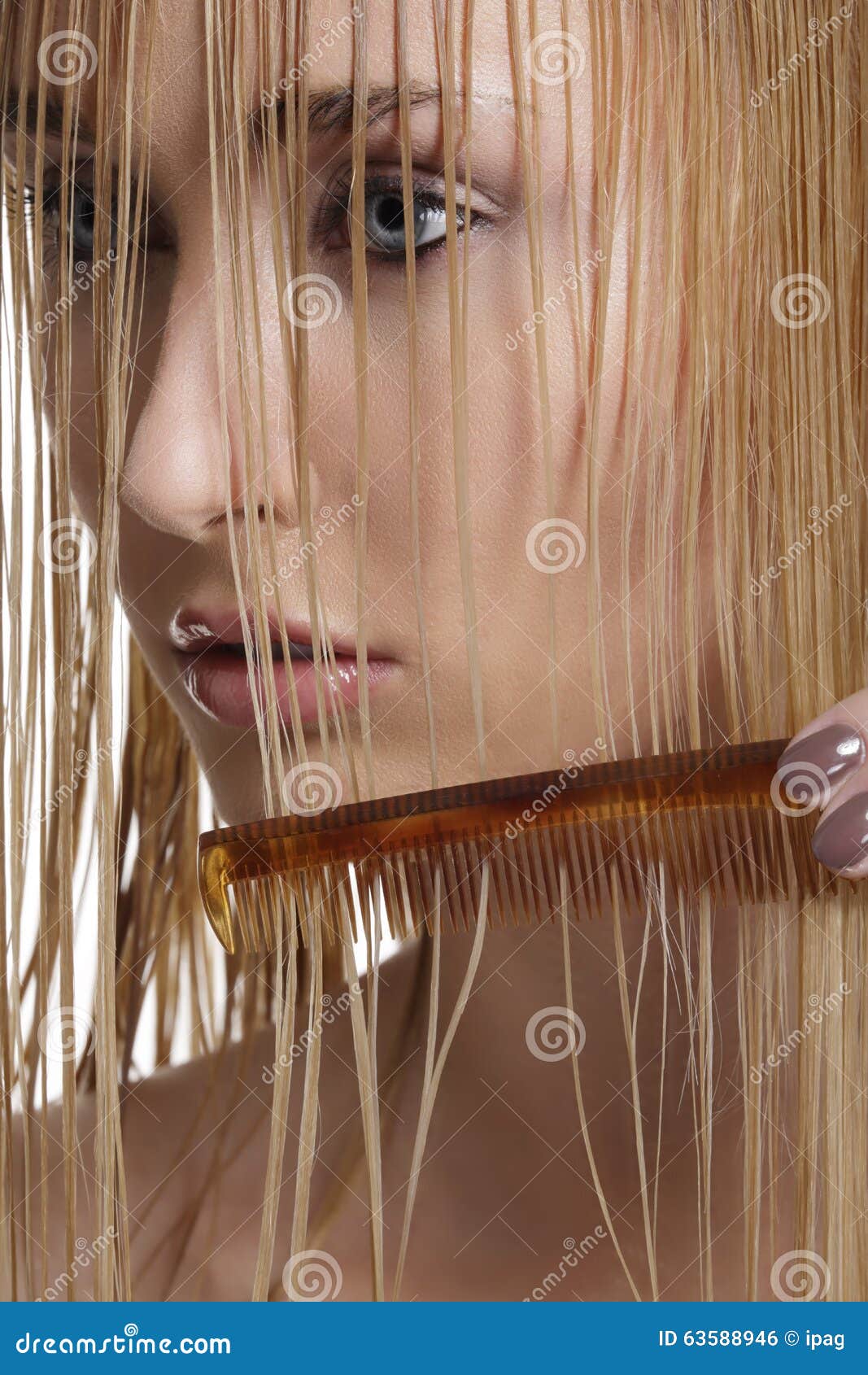 Beautiful Model Comb Wet Hair after Washing Stock Photo - Image of pure,  care: 63588946