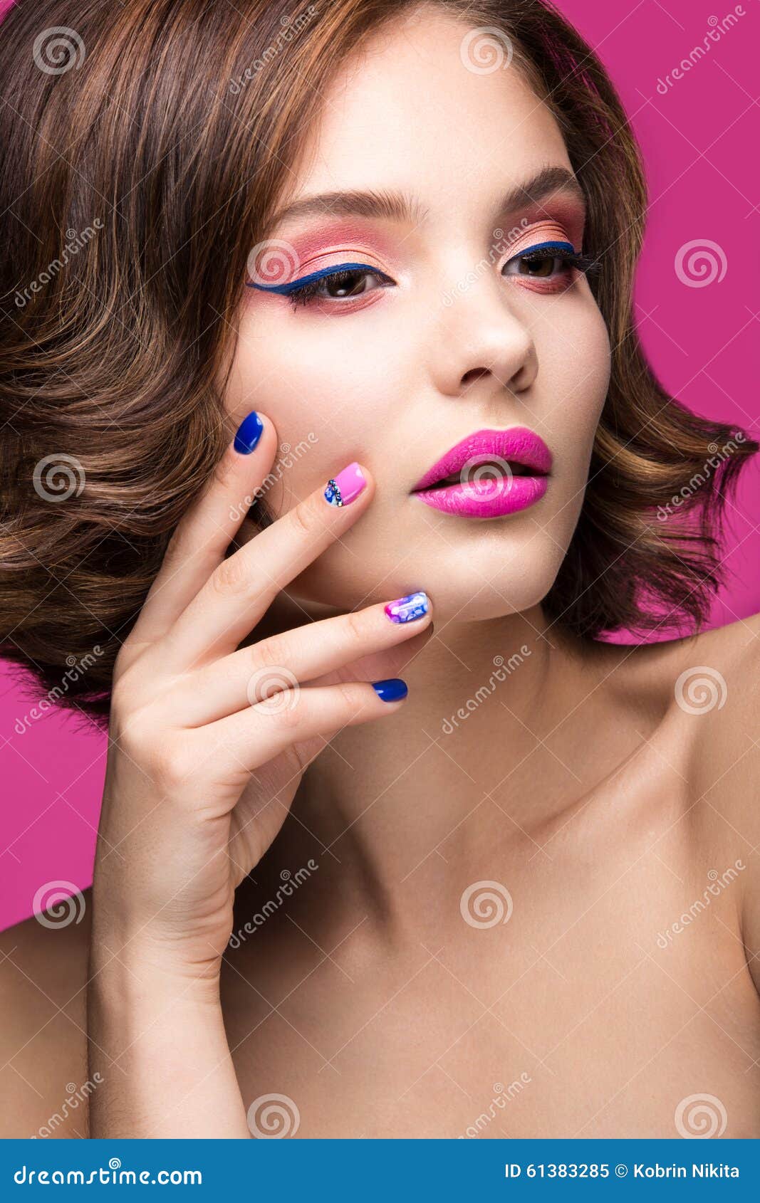 Beautiful Model Girl With Bright Pink Makeup And Stock