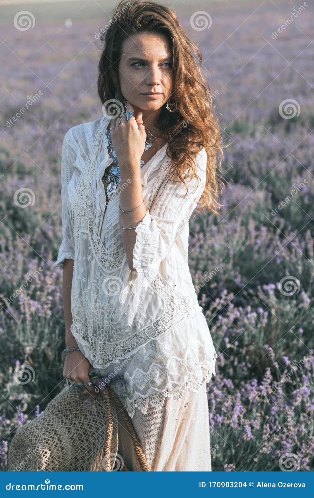 Boho Styled Model in Lavender Field Stock Photo - Image of boho, flower ...