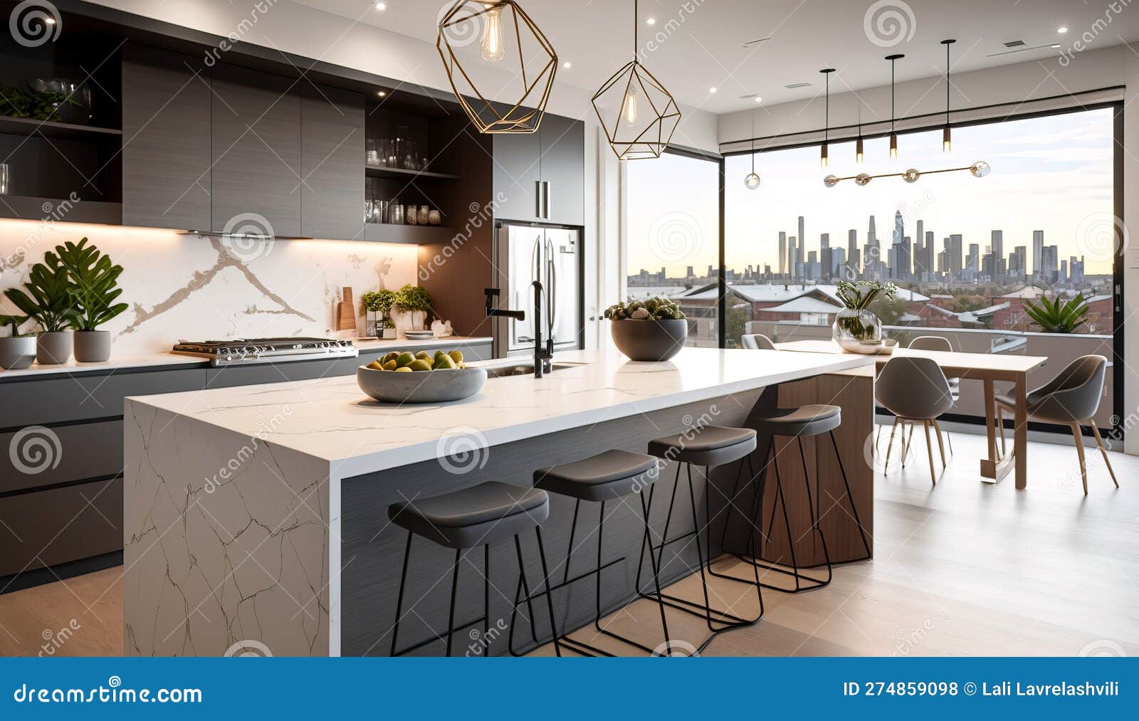 Beautiful Modern Kitchen with a Marble Island, Generative AI Stock