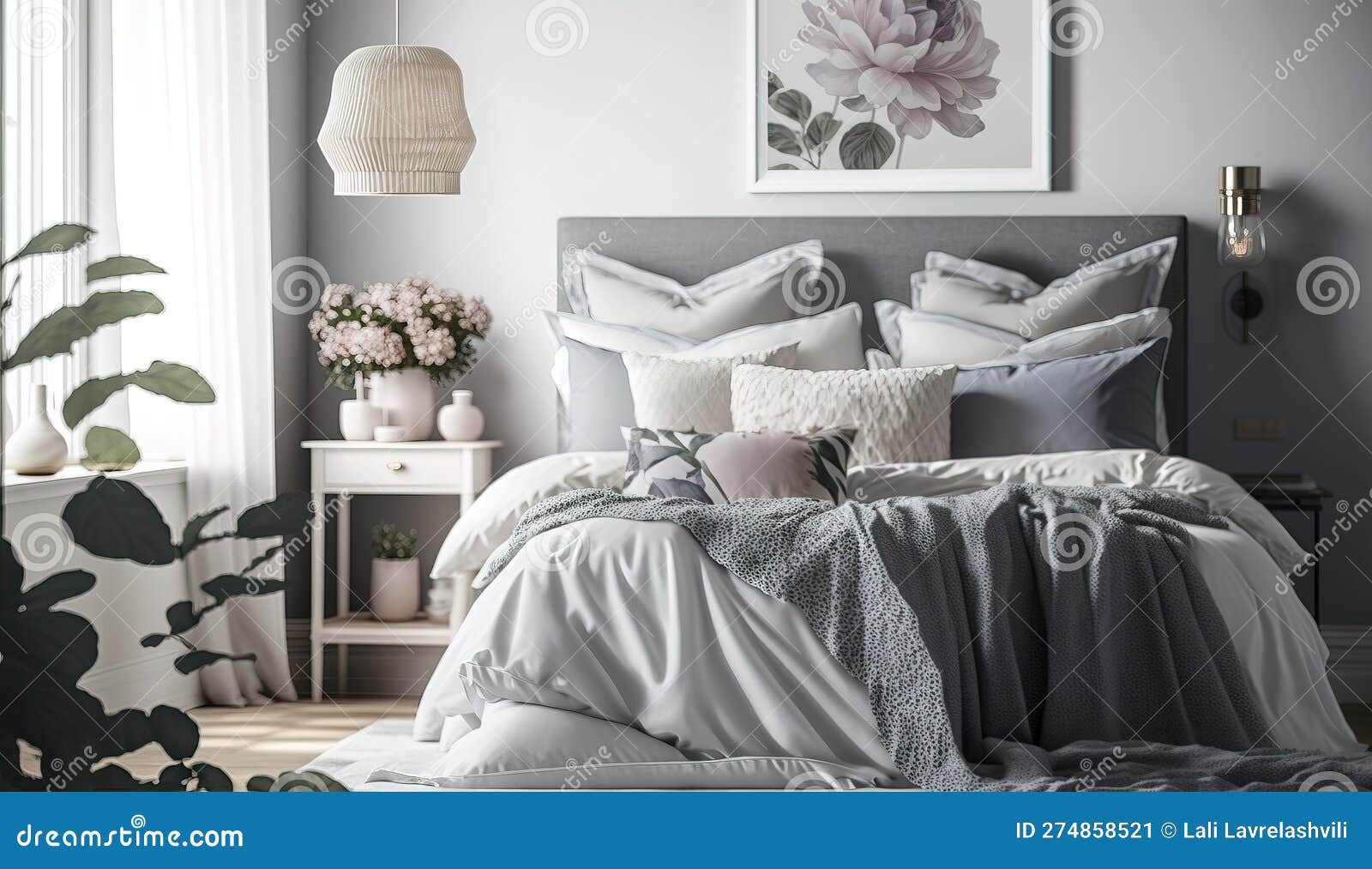 Beautiful Modern Romantic Bedroom Interior, Generative AI Stock