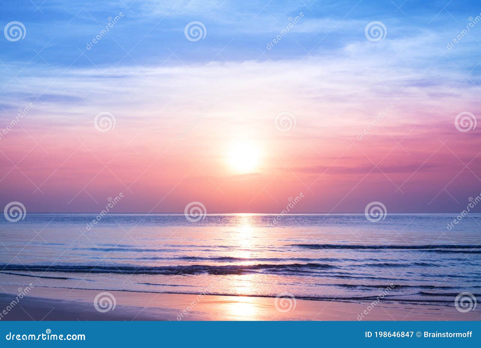 beautiful morning sunrise, blue sea, pink sky, white clouds, yellow sun glow, golden reflection on water, peaceful landscape