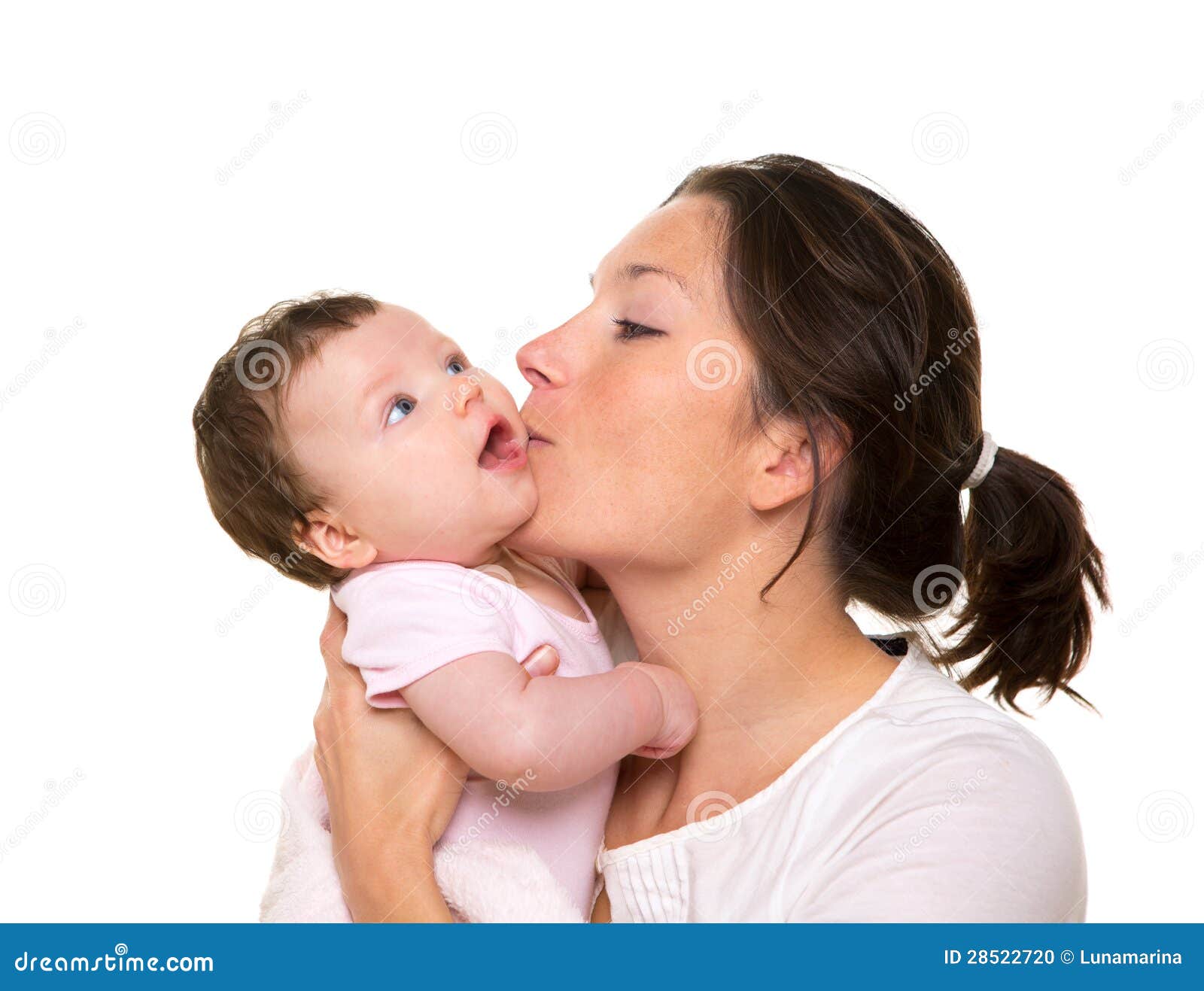 Beautiful mother kissing baby girl hug on white background