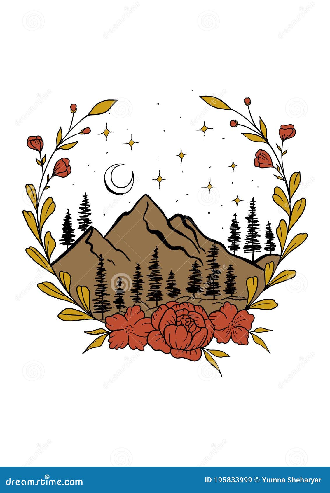 Beautiful Mountain and Flowers Scenery Stock Illustration