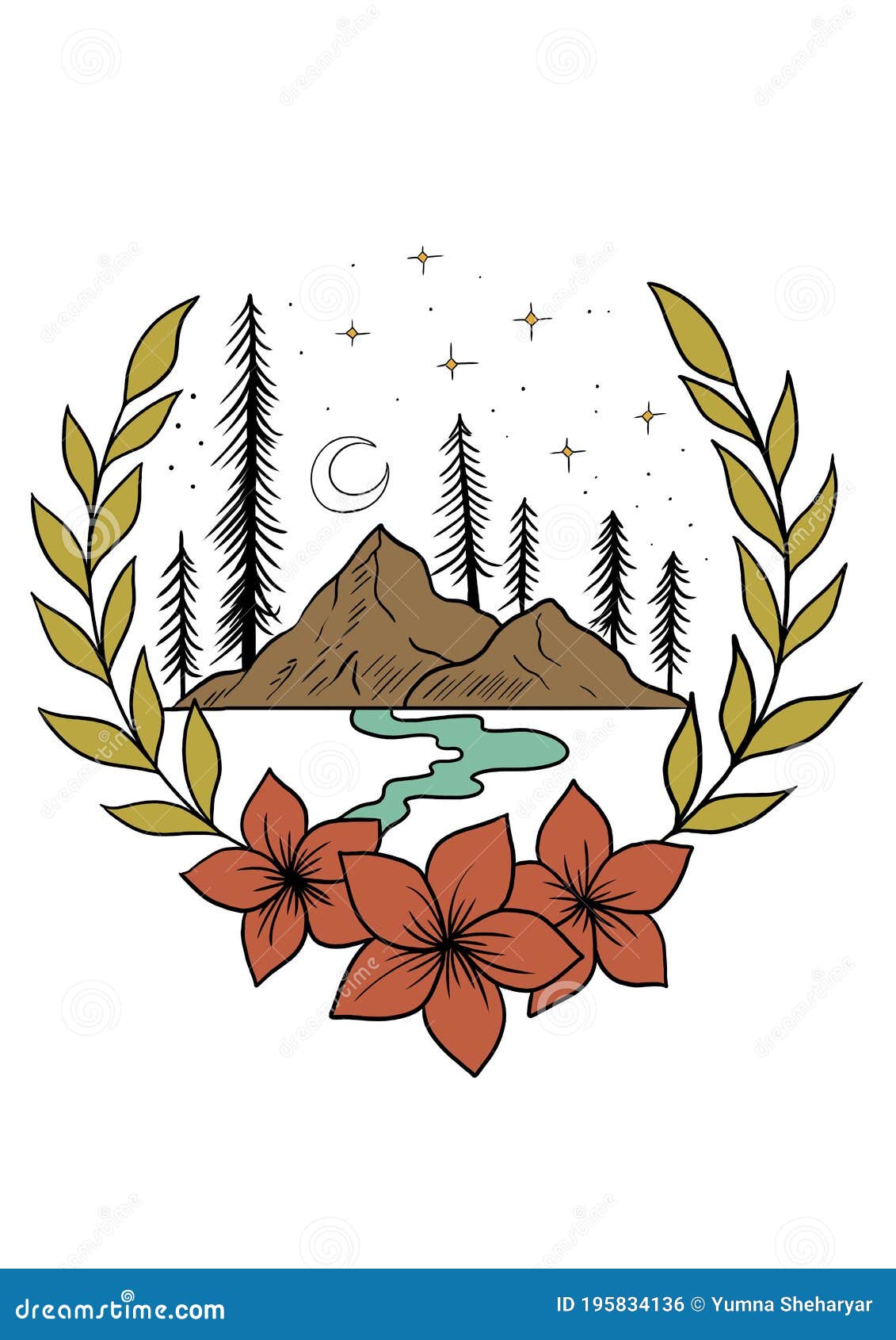 Beautiful Mountain and Flowers Scenery Stock Illustration