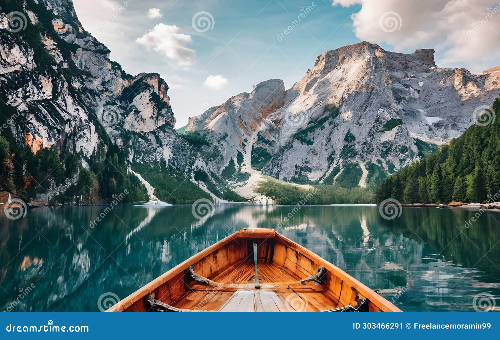 beautiful mountain and lake landscape, lago di braies, nature landscape scenery, hiking and canoeing, generative ai