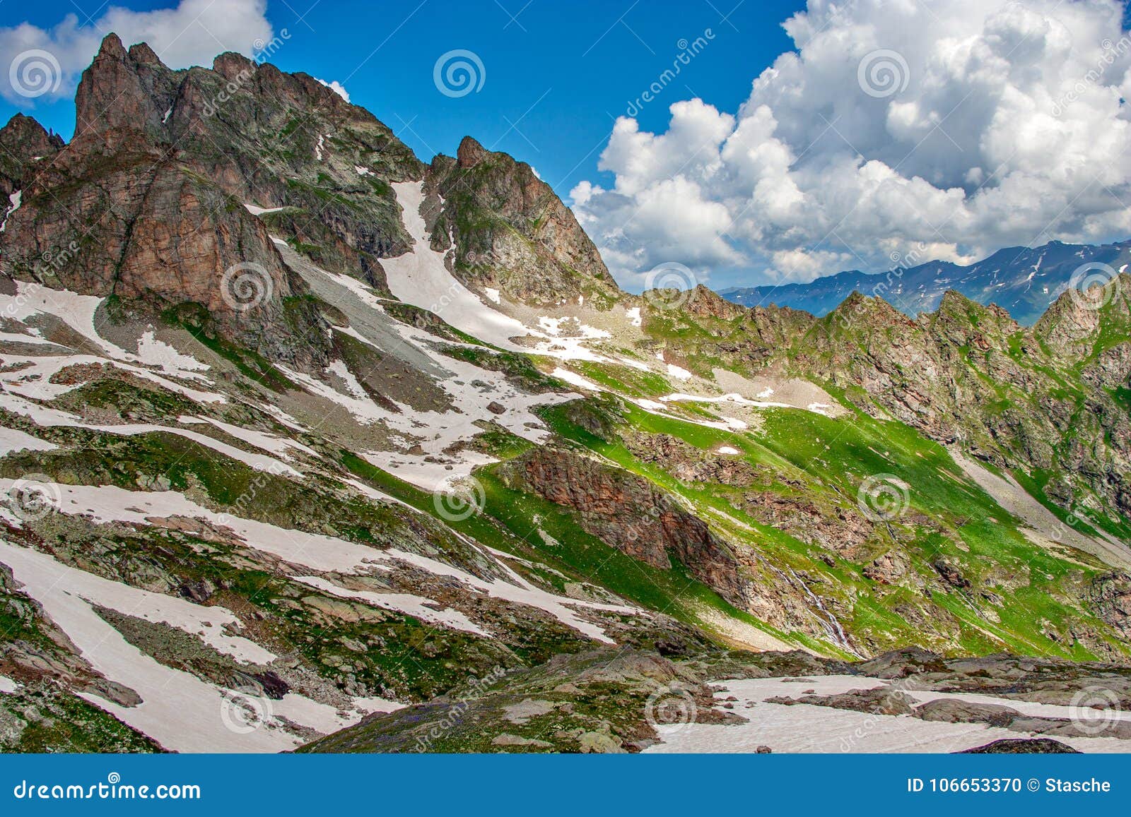 Beautiful Mountain Landscape With Green Slopes And Snow And Clouds