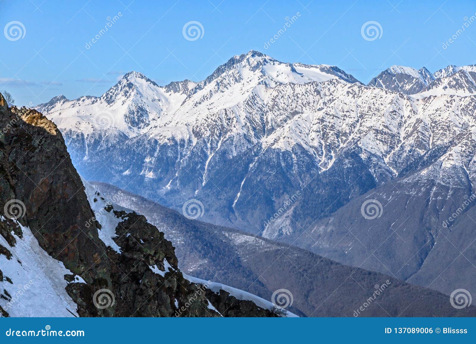 Beautiful Mountain Scenic Winter Landscape Of Main Caucasus Mountains