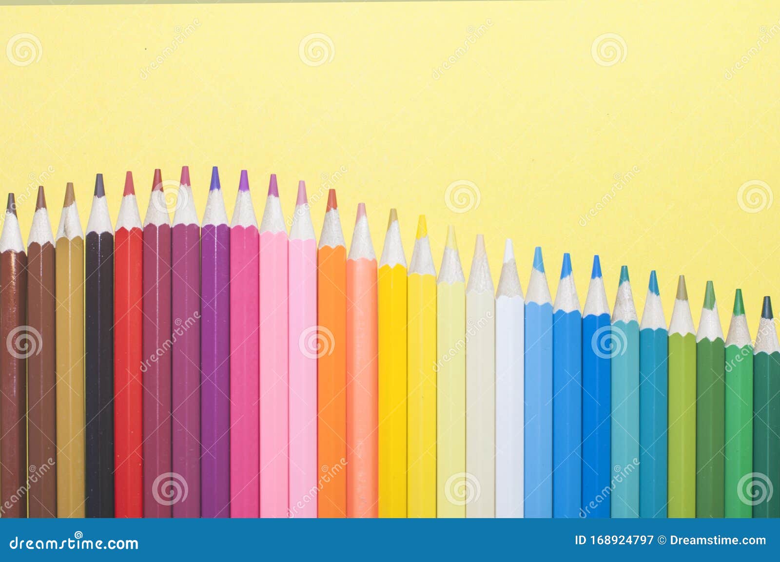 Beautiful Multicolored Pencils Lined Up in a Row, Blurred Background