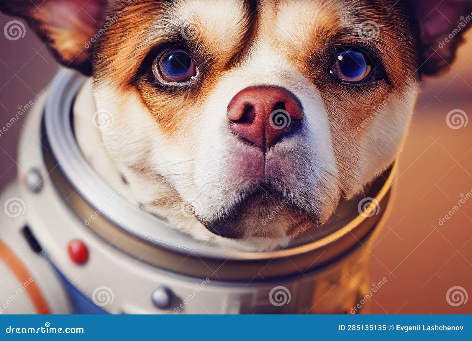 Beautiful Muzzle of a Dog in an Astronaut Costume. Closeup. AI