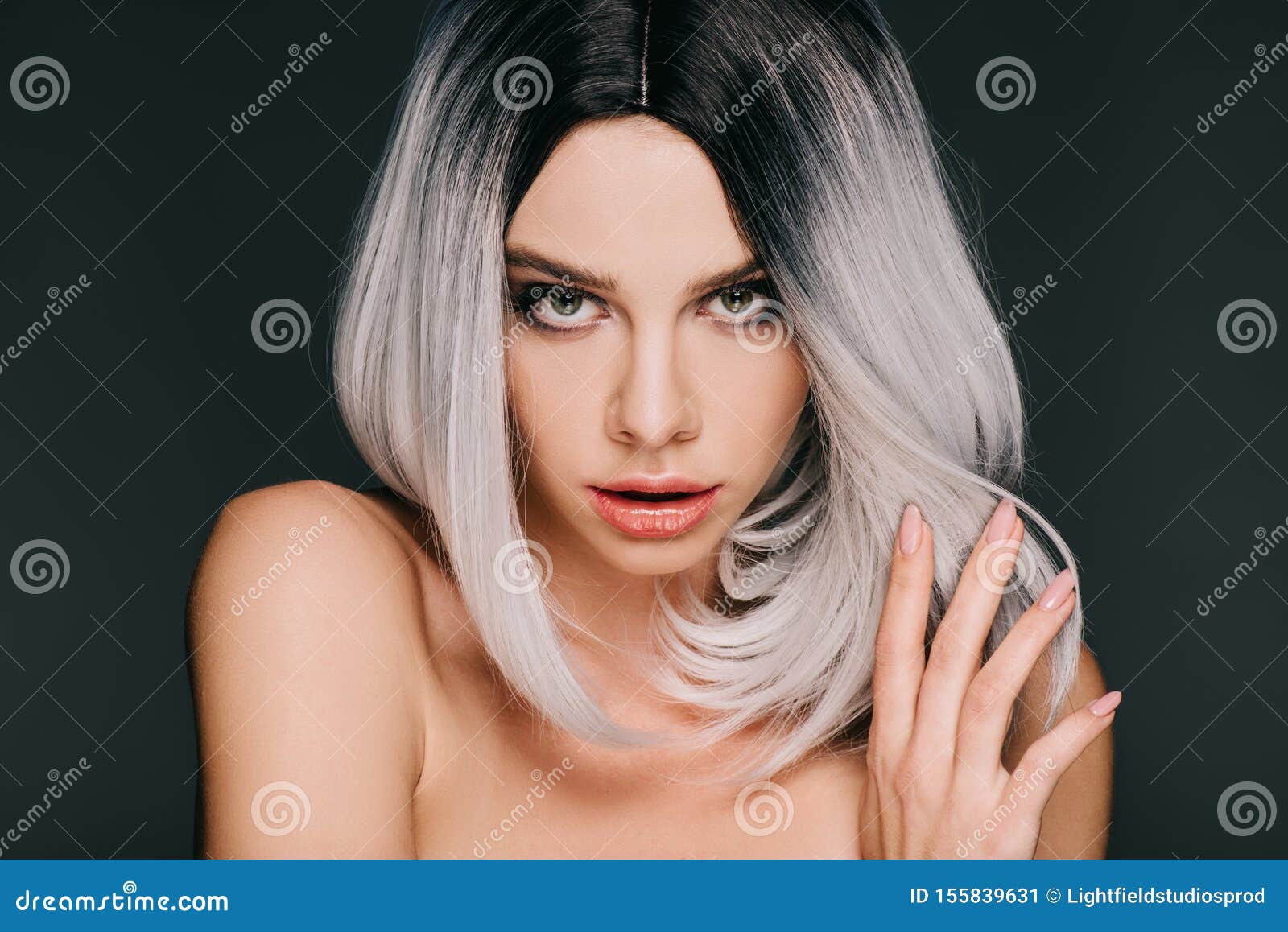 Beautiful Naked Girl Posing In Grey Wig Isolated Stock Image Image 