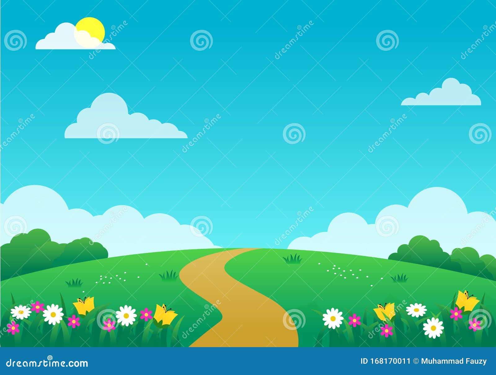 Beautiful Nature Landscape Cartoon Illustration with Flowers, Green Grass  and Blue Sky Stock Vector - Illustration of countryside, land: 168170011