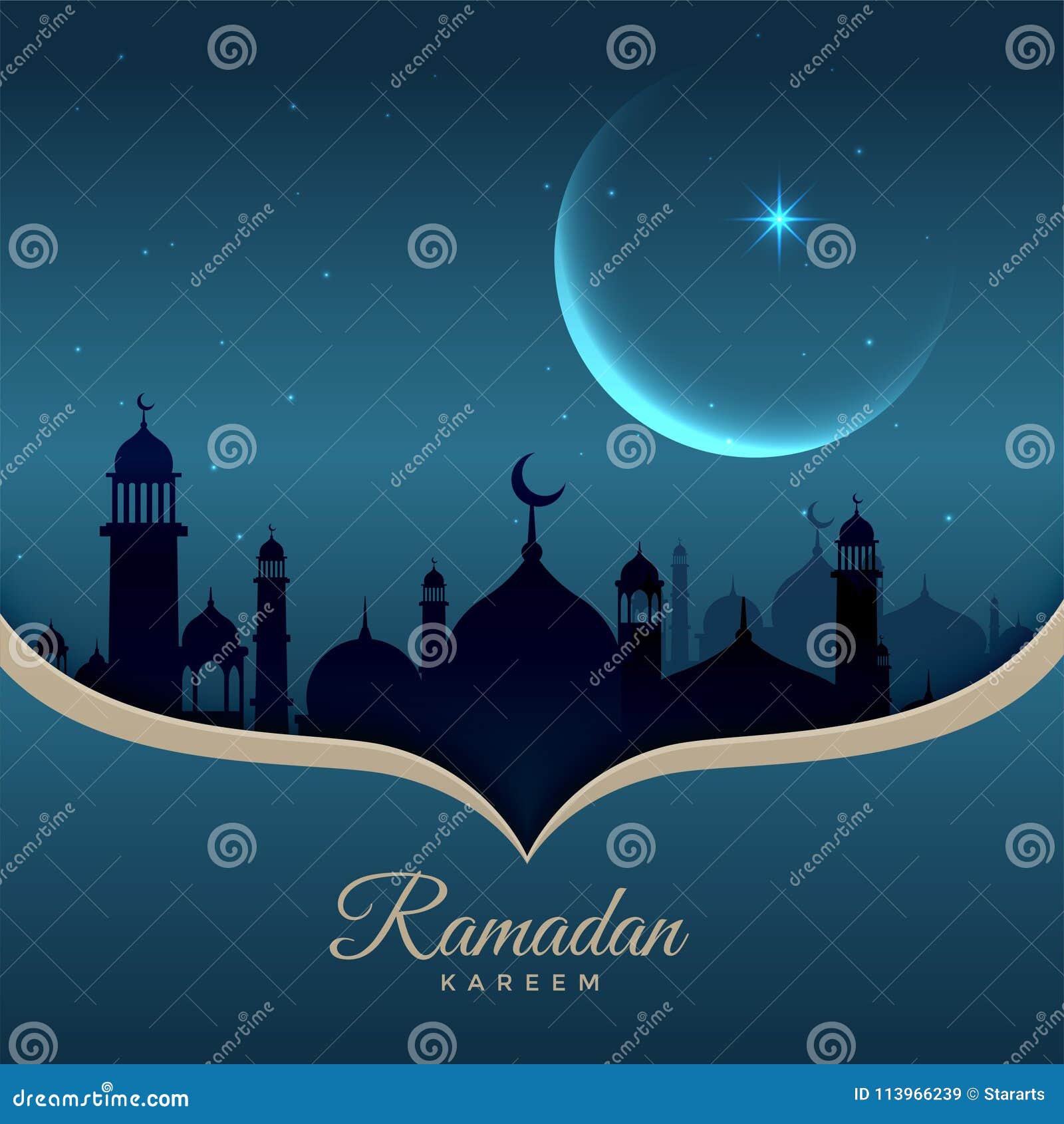 Beautiful Night Scene With Mosque Moon And Stars For Ramadan Kareem