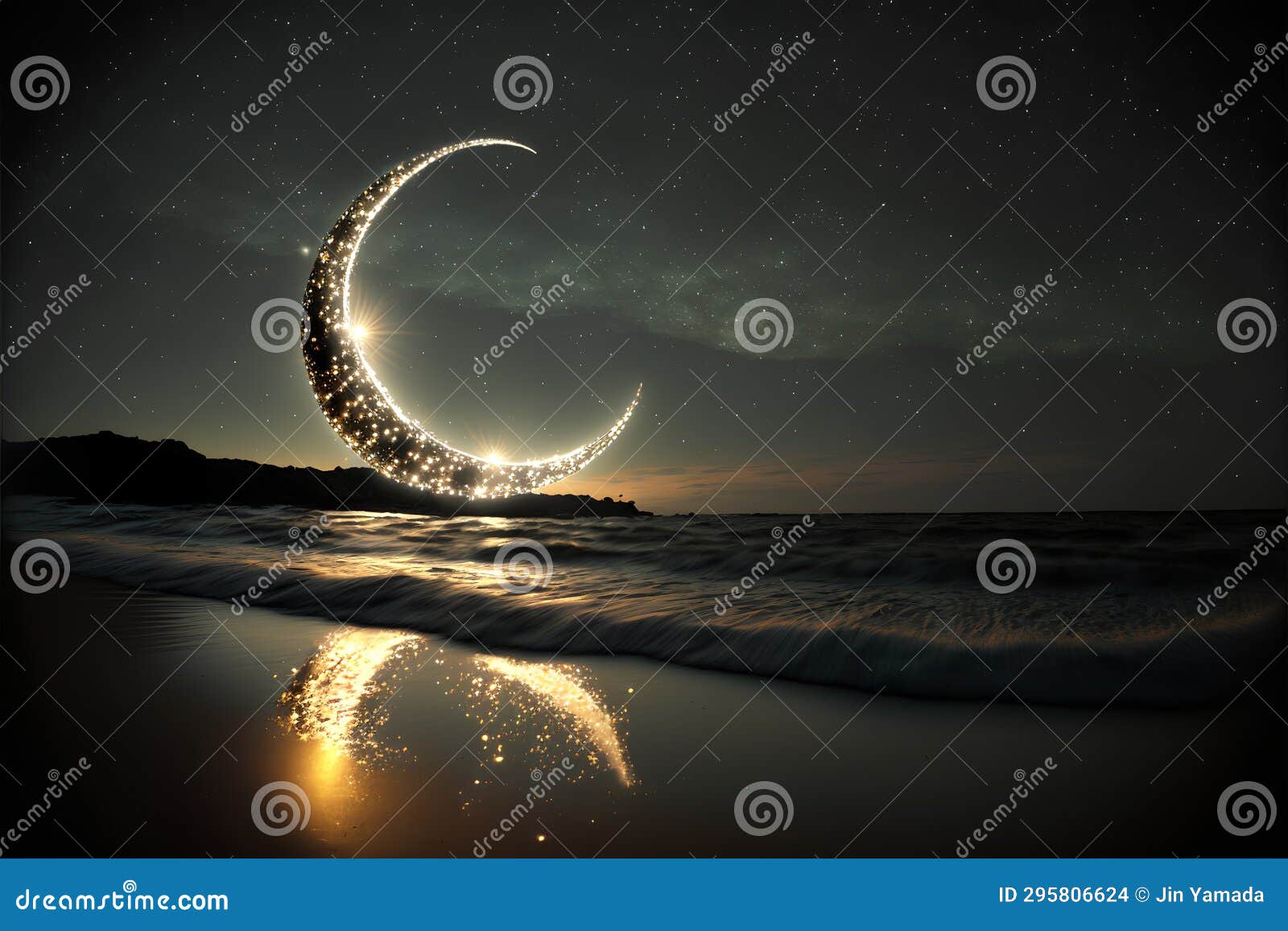 Beautiful Night Sky with Stars and Crescent Moon on the Beach Stock
