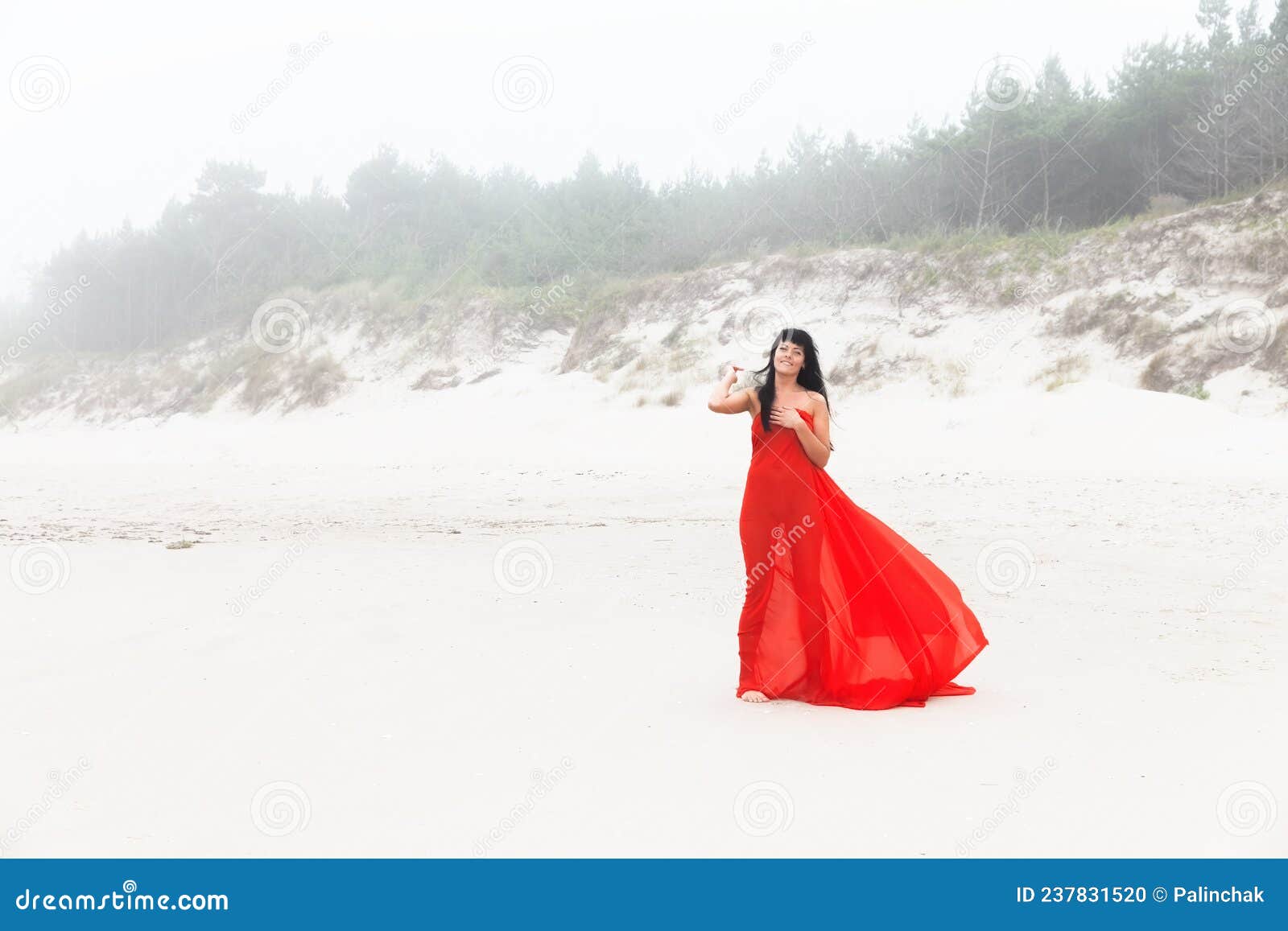 Nude Woman In Red Fabric Posing On Sea Beach Stock Photo Image Of