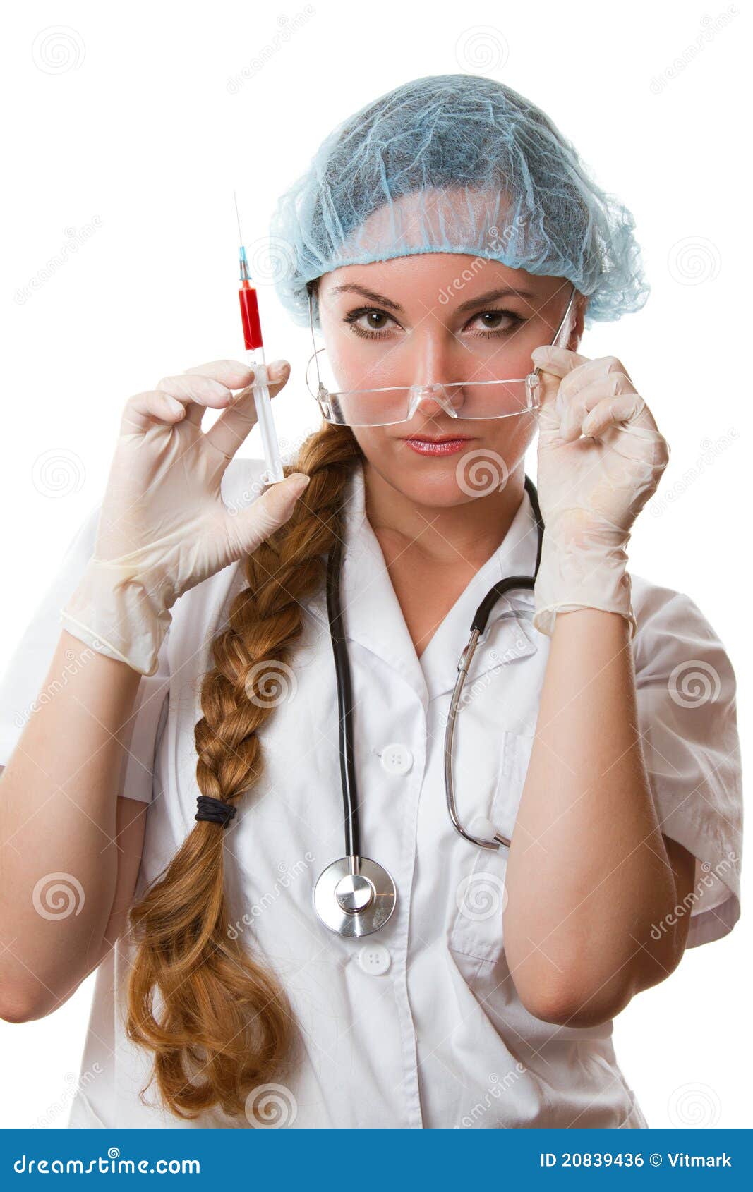 Beautiful Nurse in Glasses with an Injection of Bl Stock Photo Image