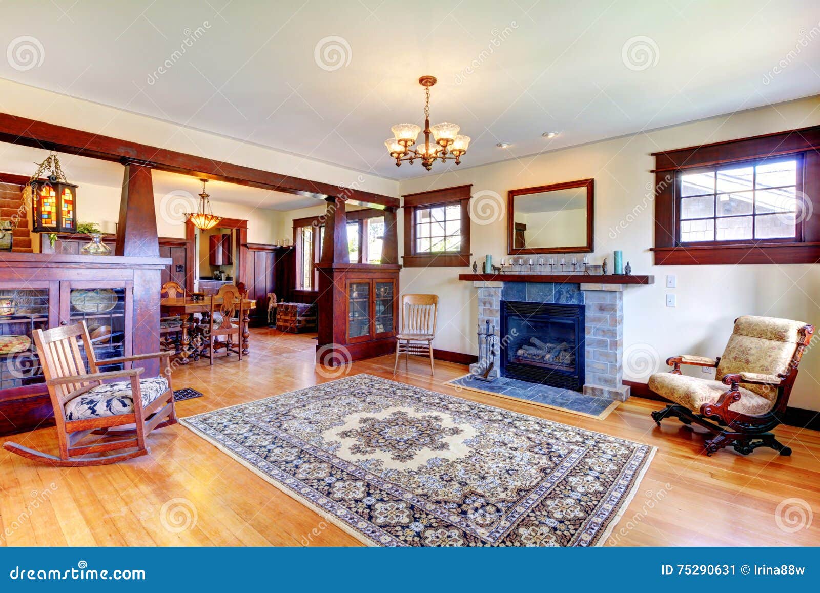 Beautiful Old Craftsman Style Home Living Room Interior Stock