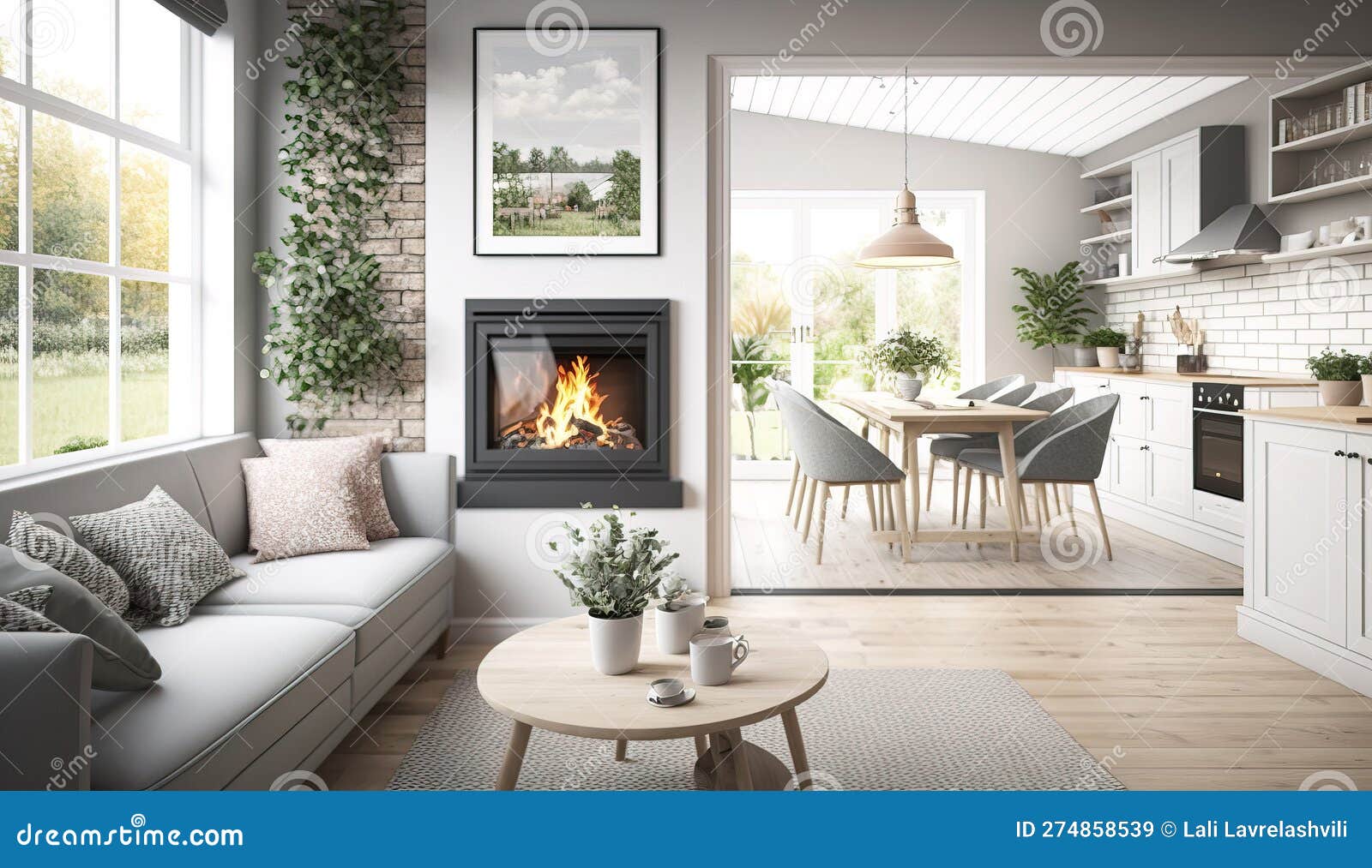 Beautiful Open Plan Living Room with White Kitchen. Generative AI Stock