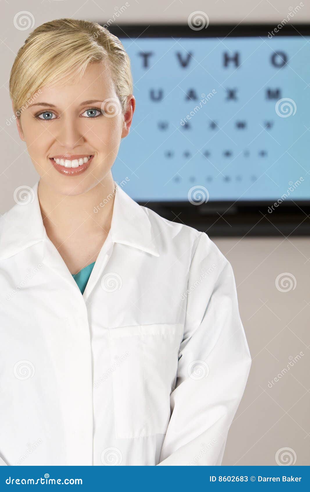Optician. Beautiful Wearing Glasses And Snellen Eye Exam Chart