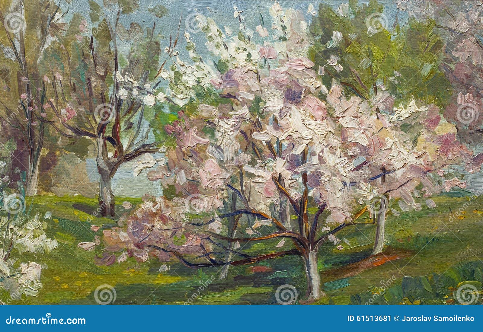 beautiful original oil painting blooming tree on canvas