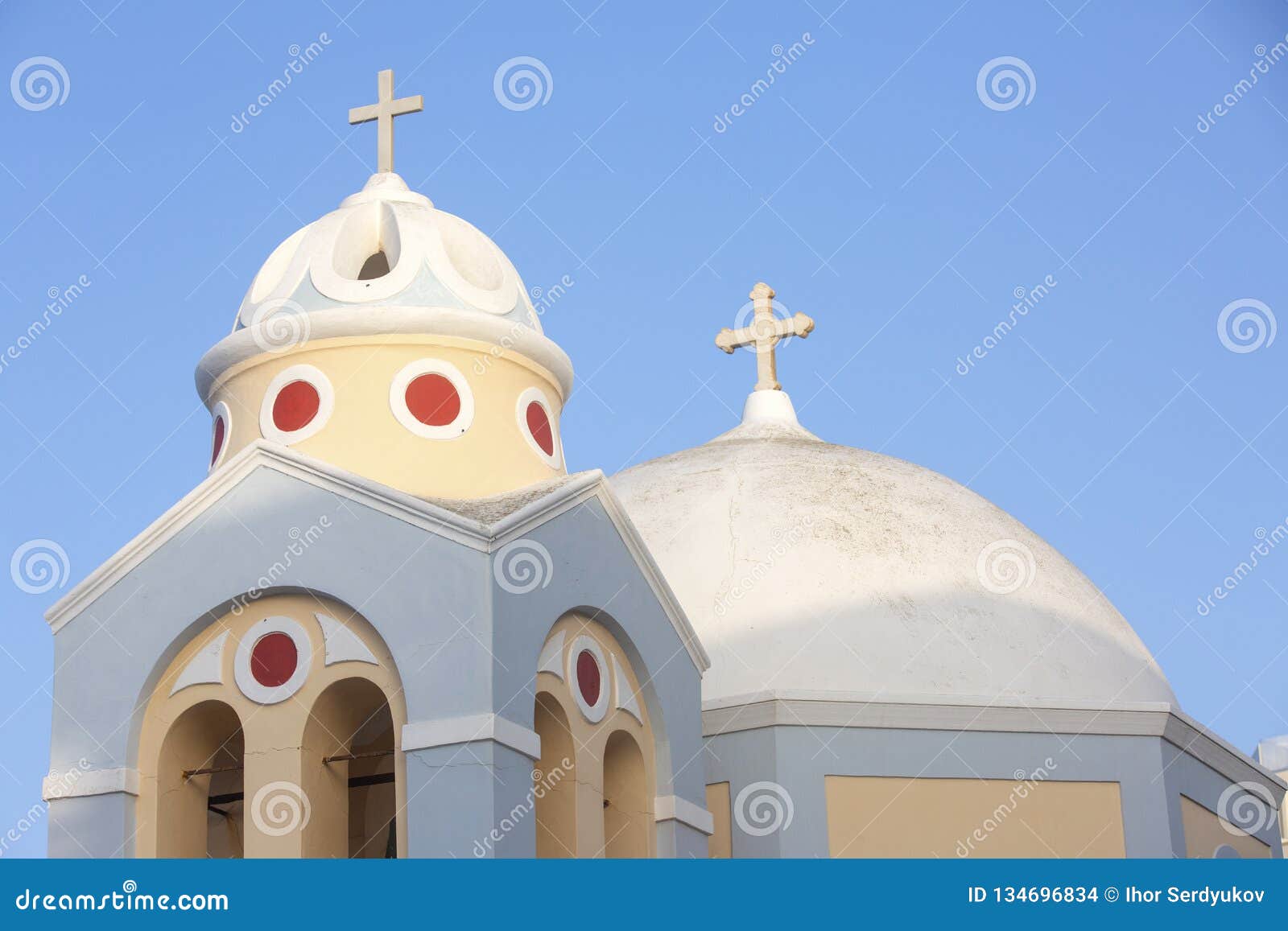 beautiful orthodox church on santorini, greece. local church in oia village, santorini island, greece - immagine