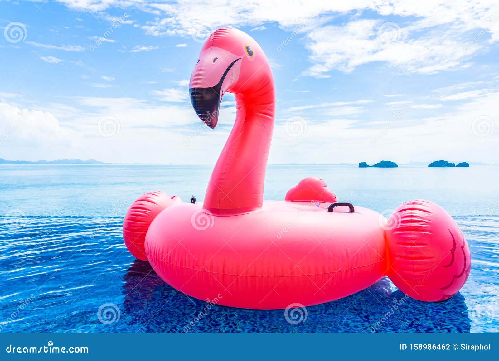 beautiful outdoor swimming pool in hotel resort with flamingo float around sea ocean white cloud on blue sky