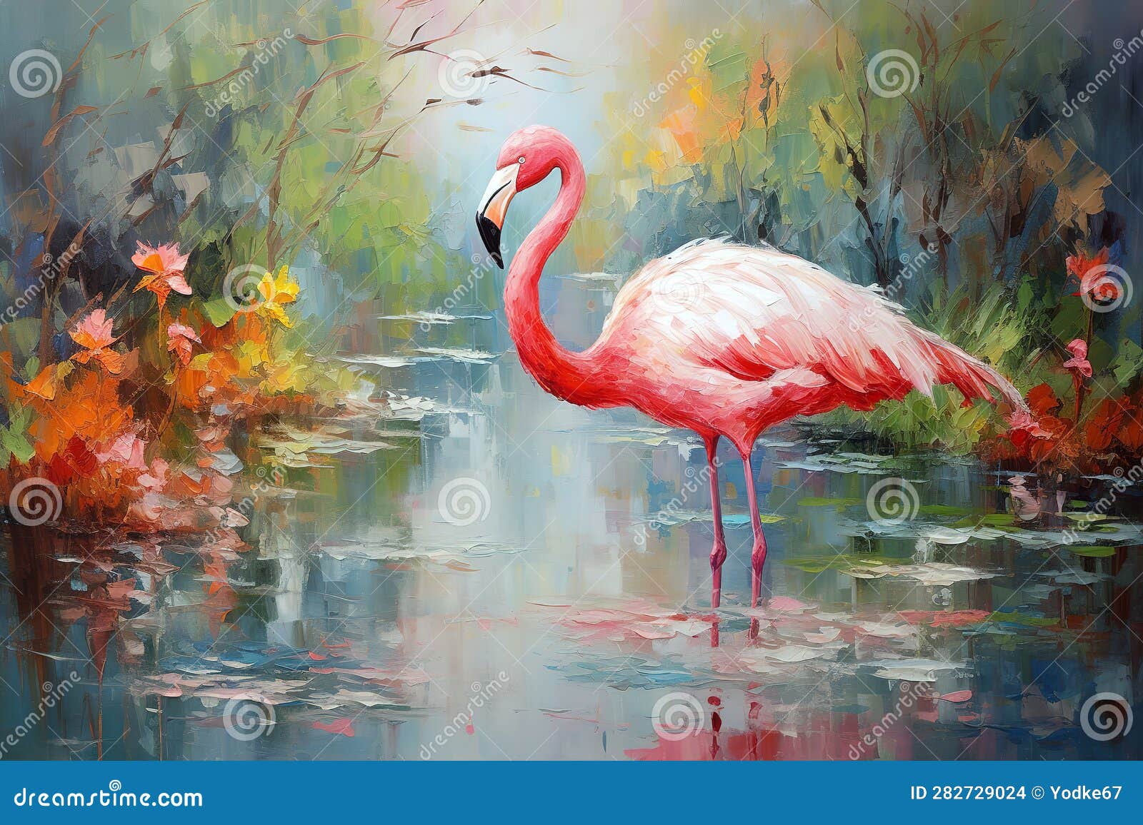 beautiful painting of flamingo standing in the swamp in the forest. bird, wildlife animals. , generative ai