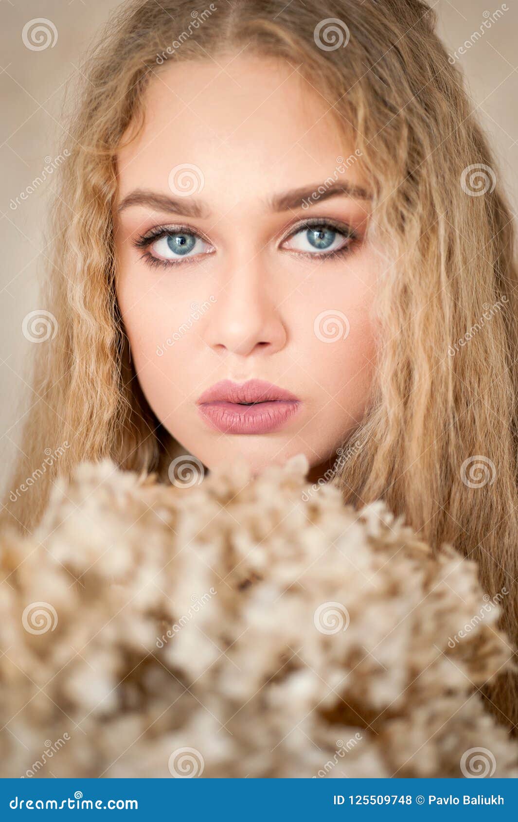Beautiful Pale Pretty Girl Blonde Curly Hair In White Clothes Stock. Beautiful Pale Pretty Girl Blonde Curly Hair In White Clothes Stock.