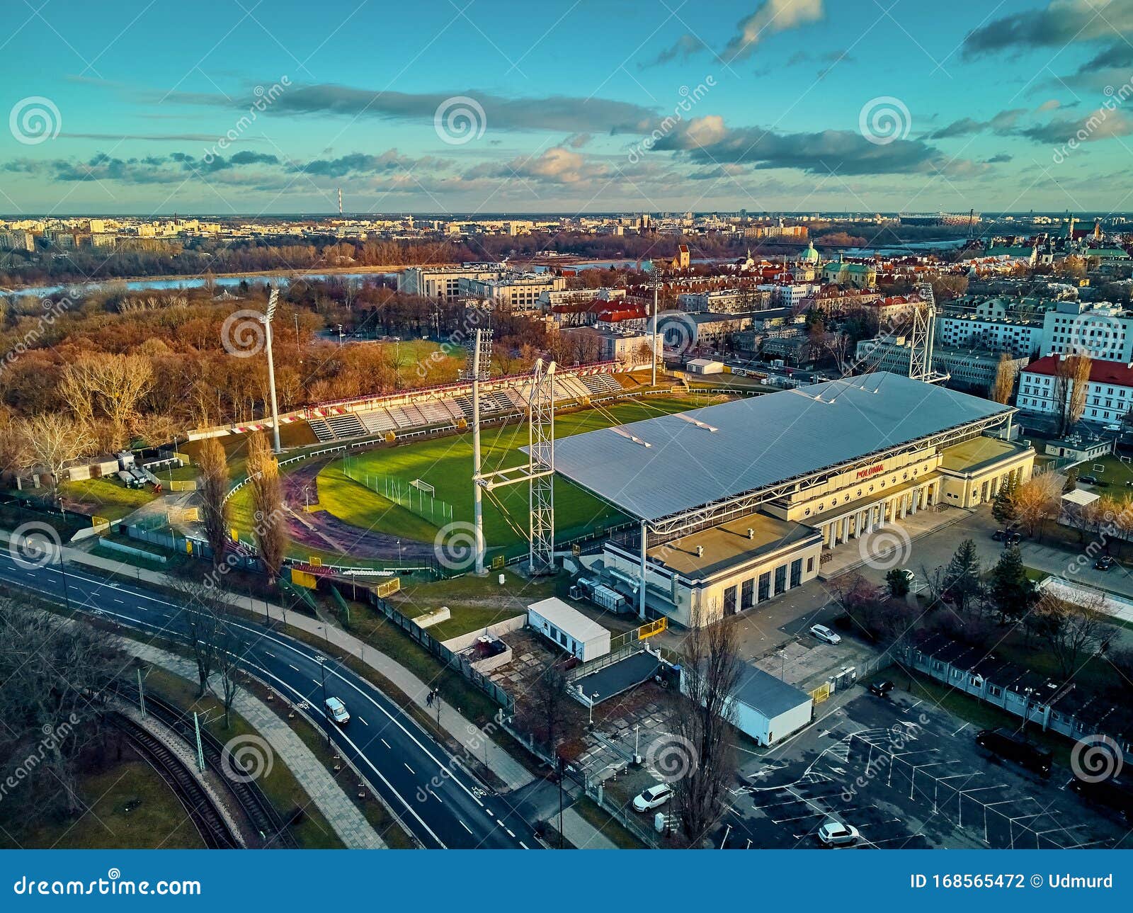 beautiful panoramic aerial drone view to konwiktorska street municipal polonia stadium gen. kazimierz sosnkowski polonia warsaw
