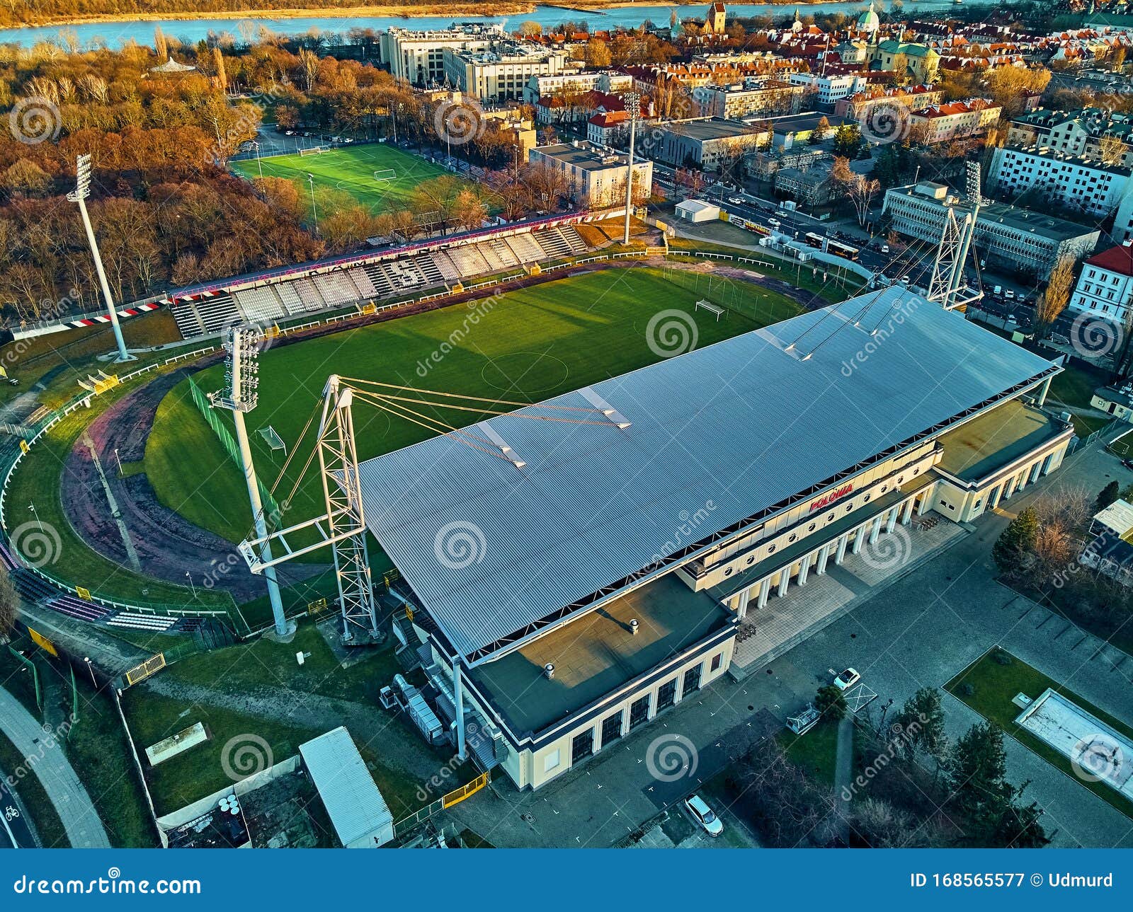 beautiful panoramic aerial drone view to konwiktorska street municipal polonia stadium gen. kazimierz sosnkowski polonia warsaw