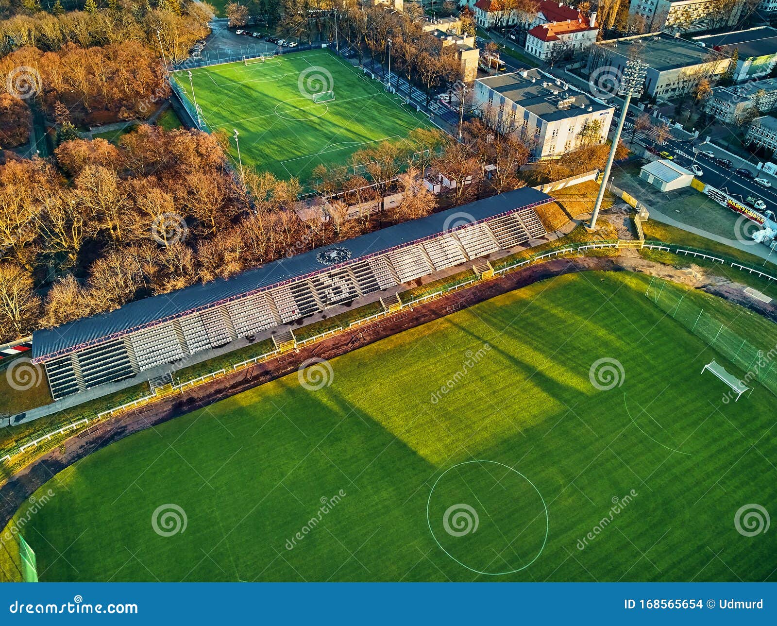 beautiful panoramic aerial drone view to konwiktorska street municipal polonia stadium gen. kazimierz sosnkowski polonia warsaw