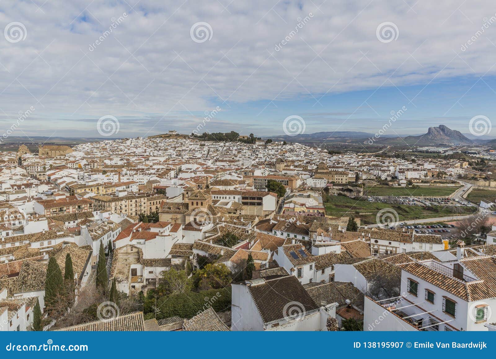 beautiful panoramic view of the city of antequera and the peÃÂ±a de los enamorados or the lovers` rock through