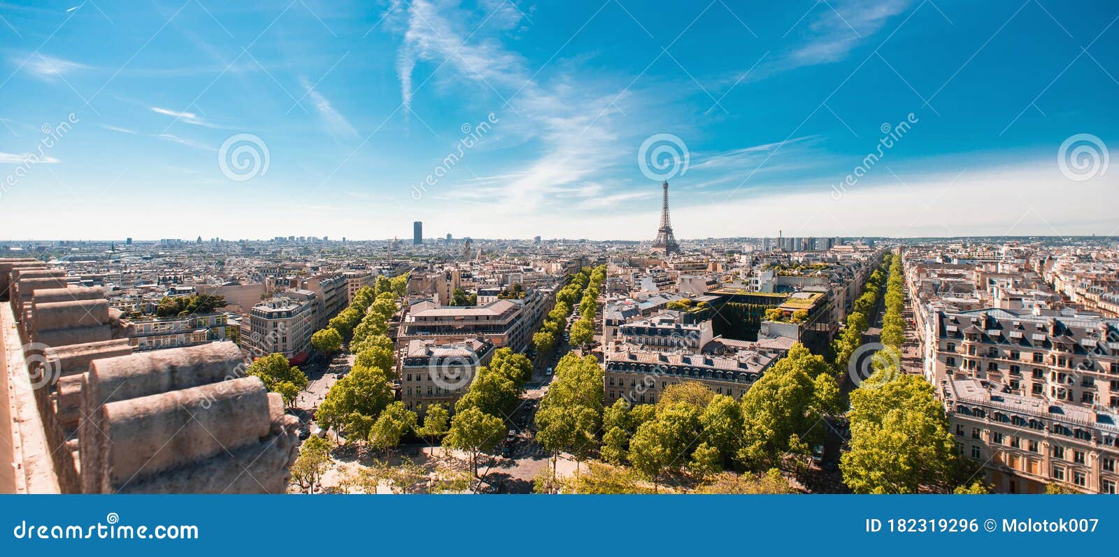 beautiful panoramic view of paris with eiffel tower from the roof of triumphal arch