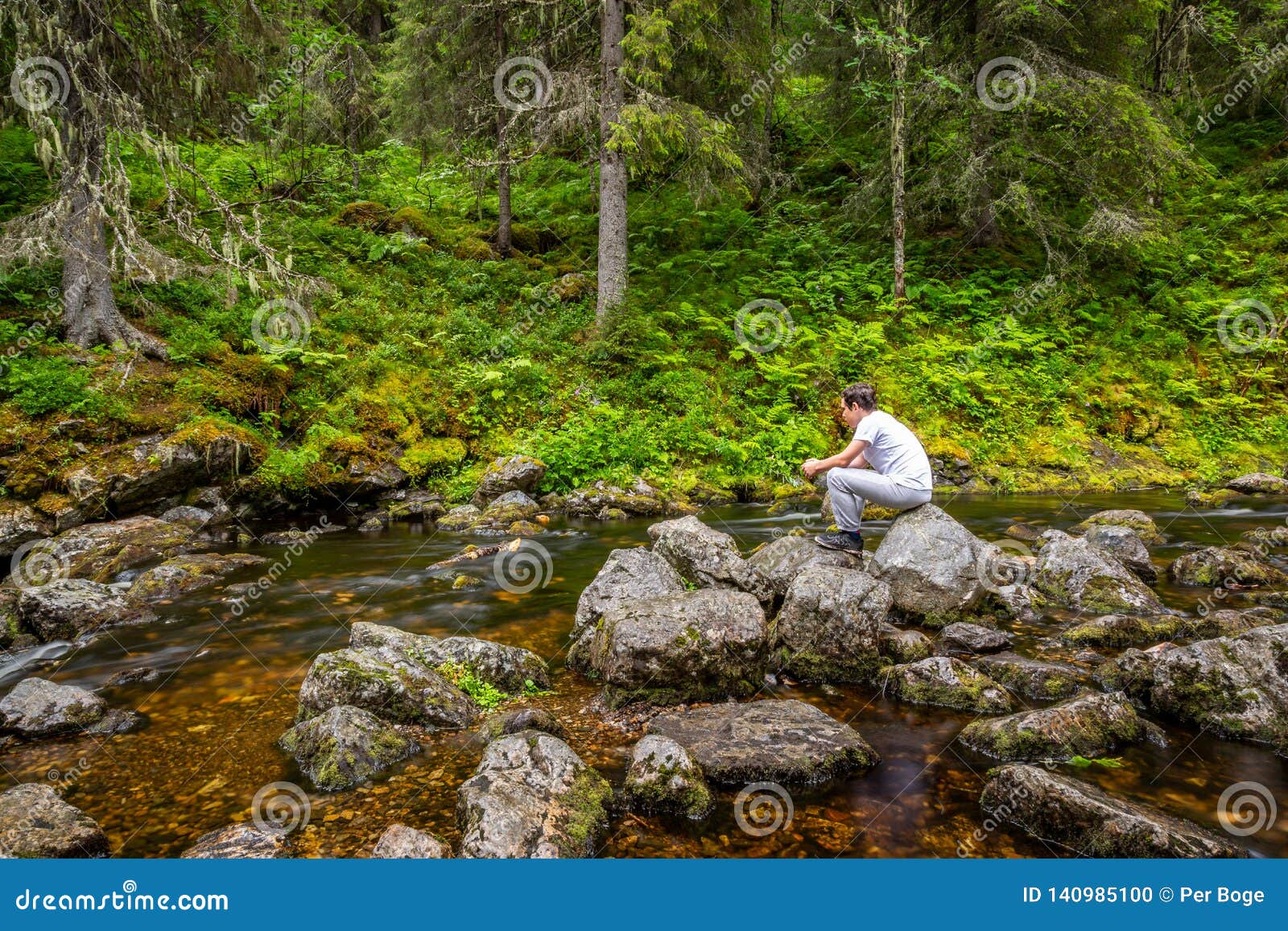 Beautiful And Peaceful Scene Of A Young Male Sitting And Contemplating On Stone Rocks At A Forest Stream Stock Photo Image Of Natural River