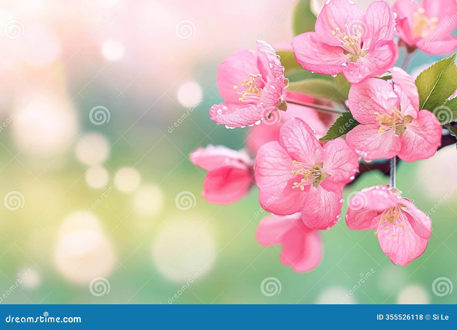 pink apple blossom branch in soft focus on blurred green background with bokeh leaves - bright and colorful spring natur