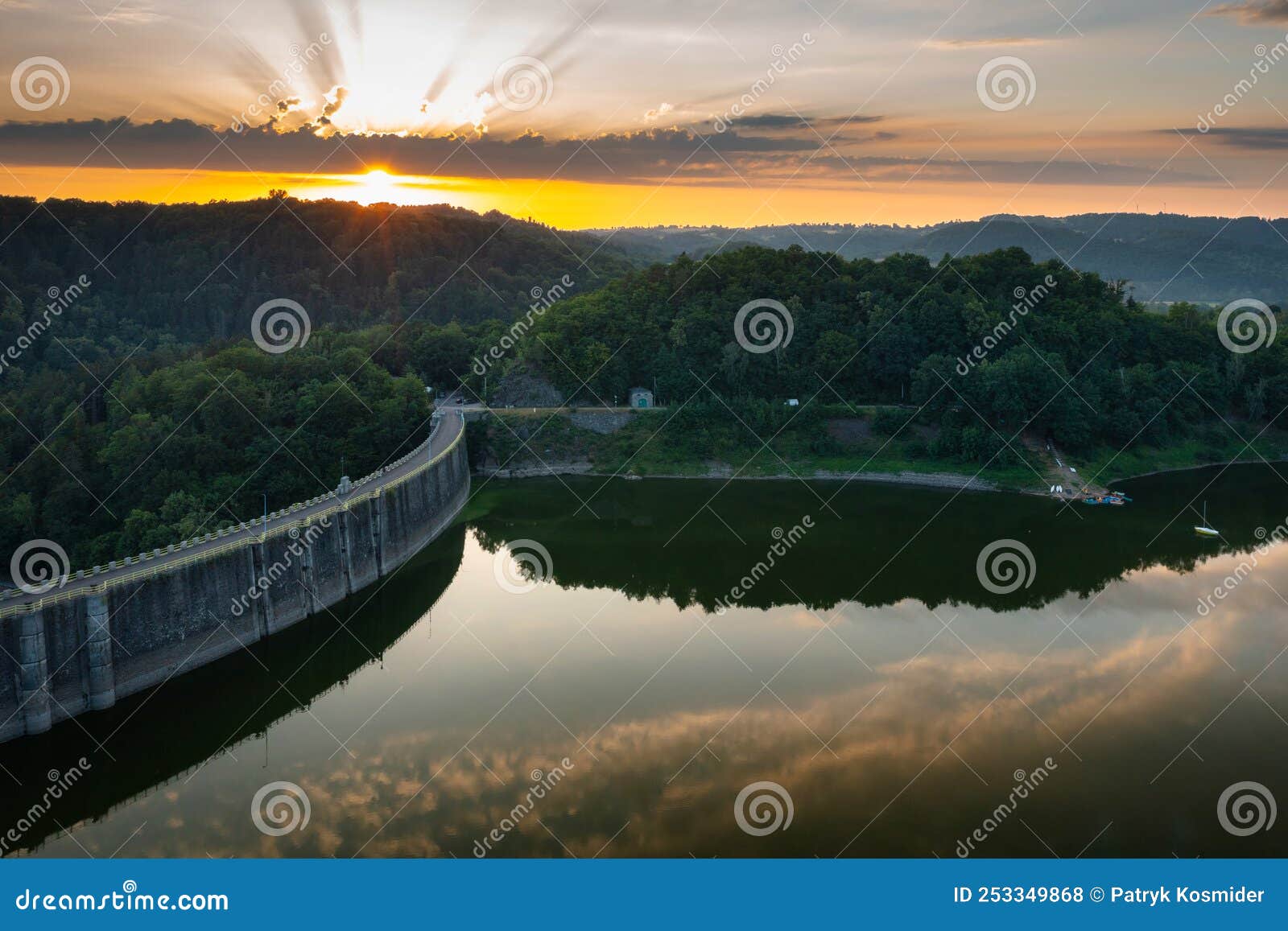 beautiful pilchowickie lake and the dam at sunset, lower silesia. poland