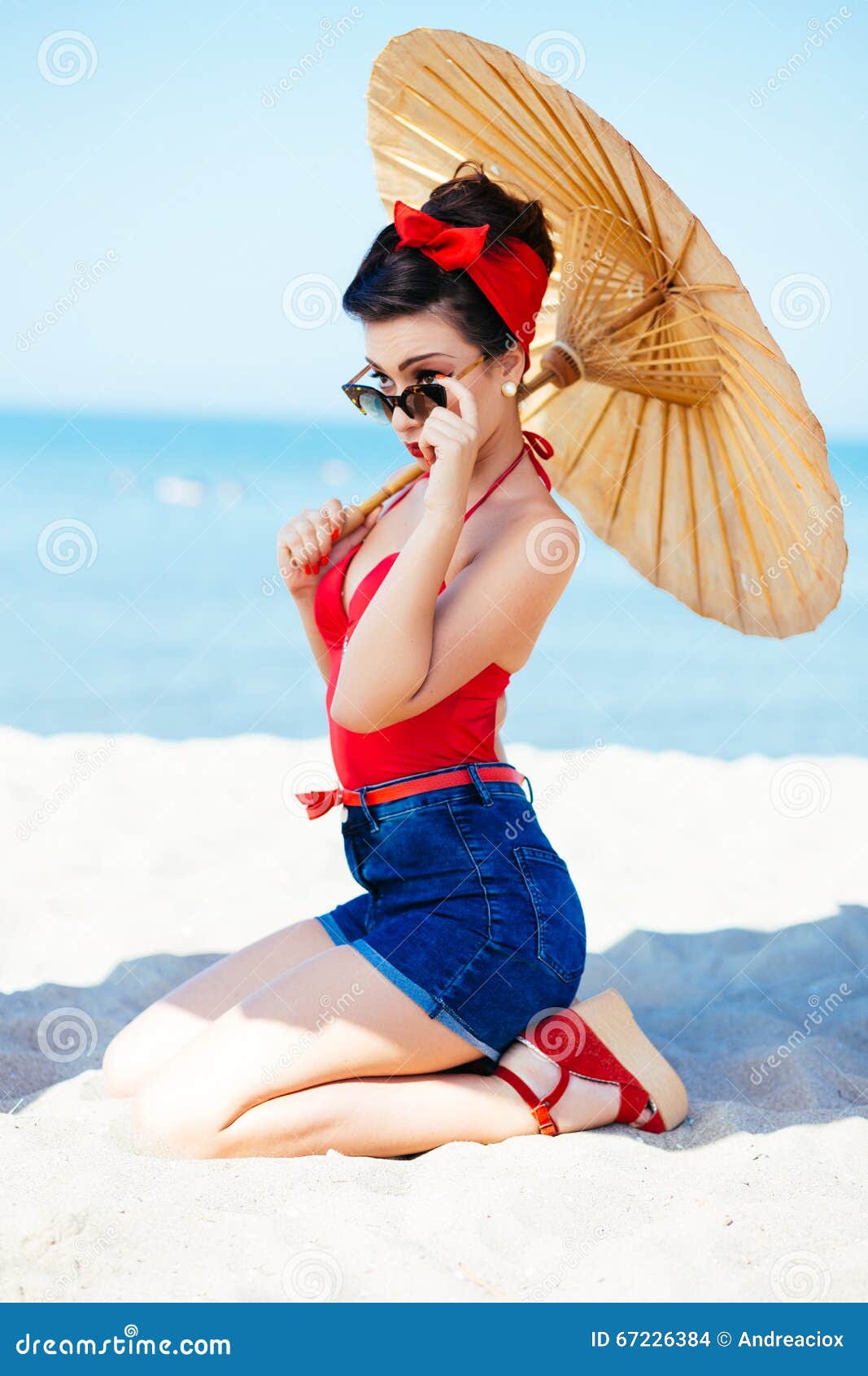 Beautiful Pinup with Umbrella at Sea Stock Photo Image of pretty