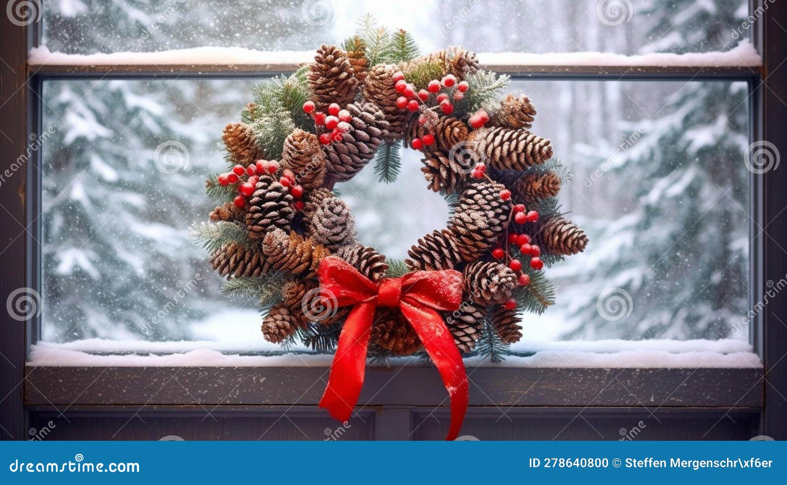 winter wreath on wooden door with snowy landscape