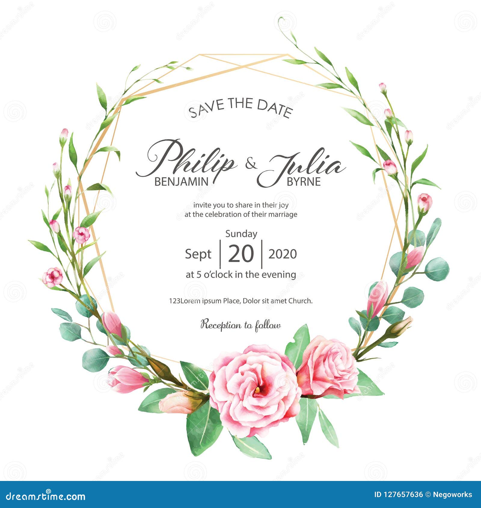 Beautiful Pink Floral Wedding Invitation Card on White Background. Vector,  Water Color. Stock Vector - Illustration of greeting, flower: 127657636