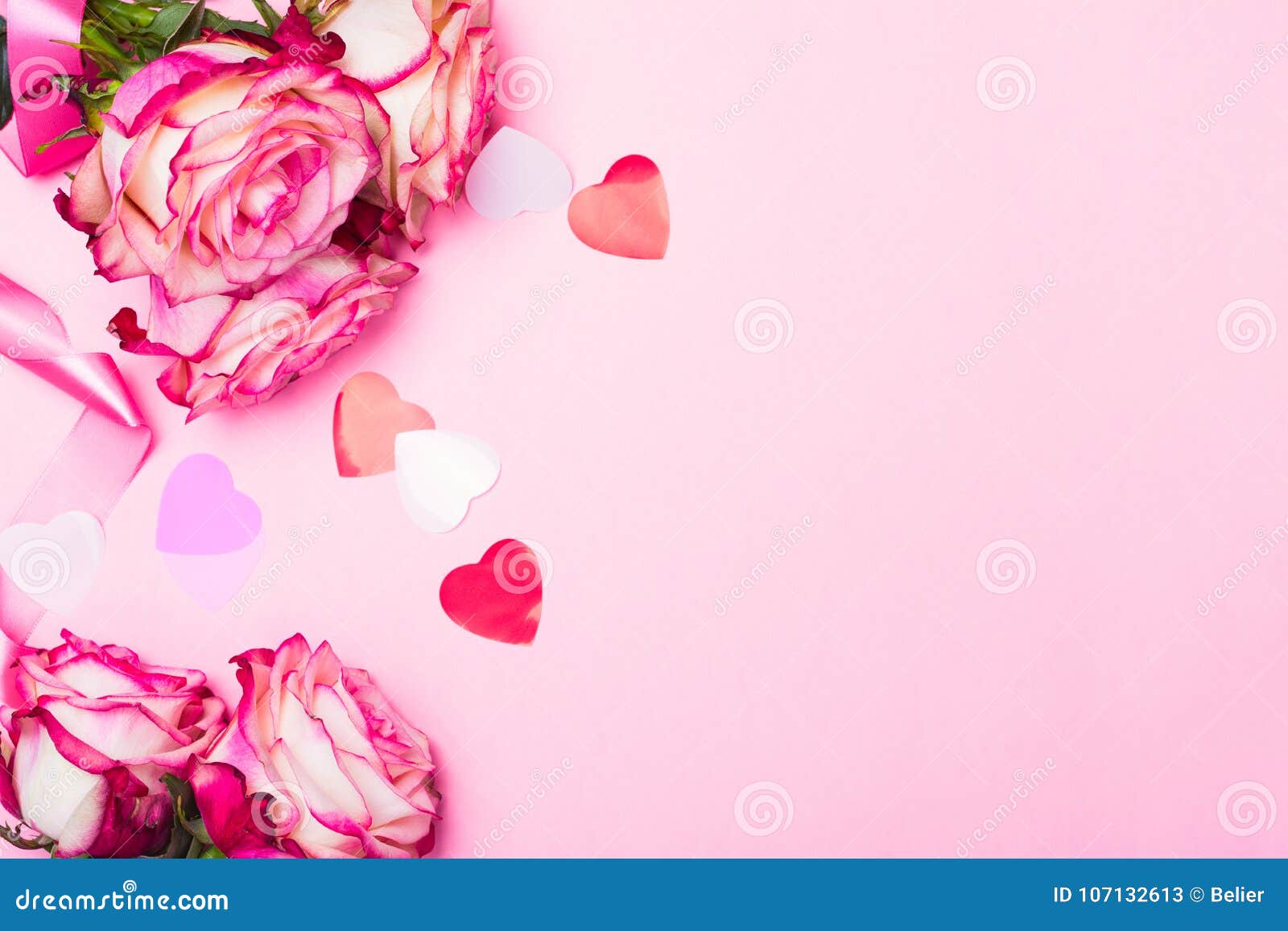 Beautiful Pink Rose, Decorative Confetti Hearts and Pink Ribbon on Pink ...