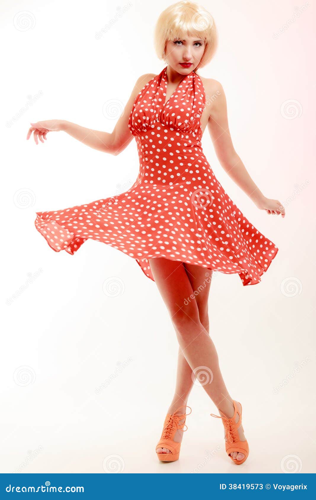 Beautiful Pinup Girl In Blond Wig And Retro Red Dress Dancing Party Stock Image Image 38419573
