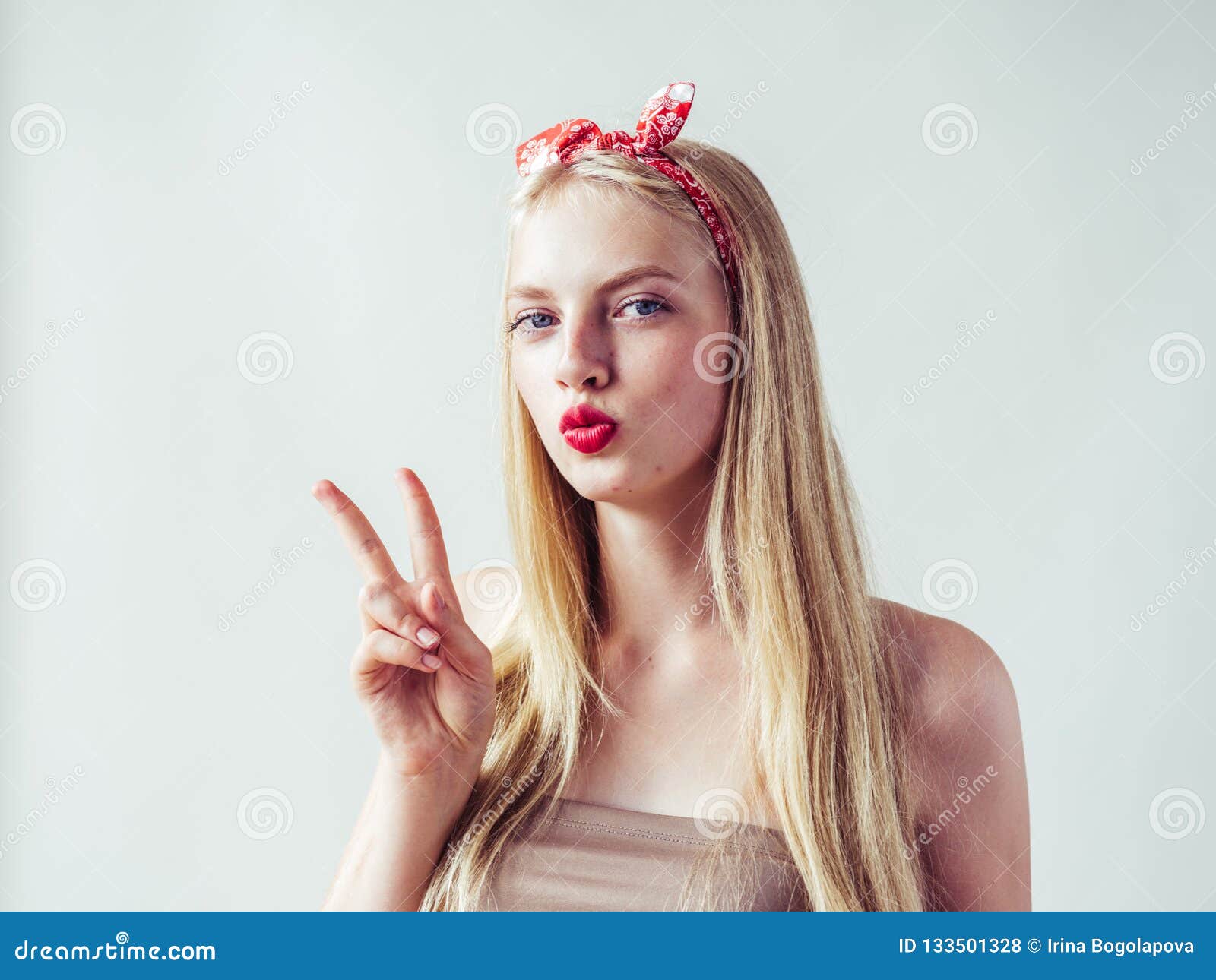 Beautiful Pinup Woman With Long Blonde Hair Natural On White