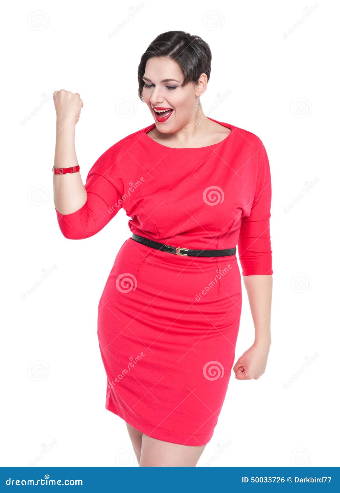 Beautiful Plus Size Woman In Red Dress With Yes Gesture Isolated Stock 