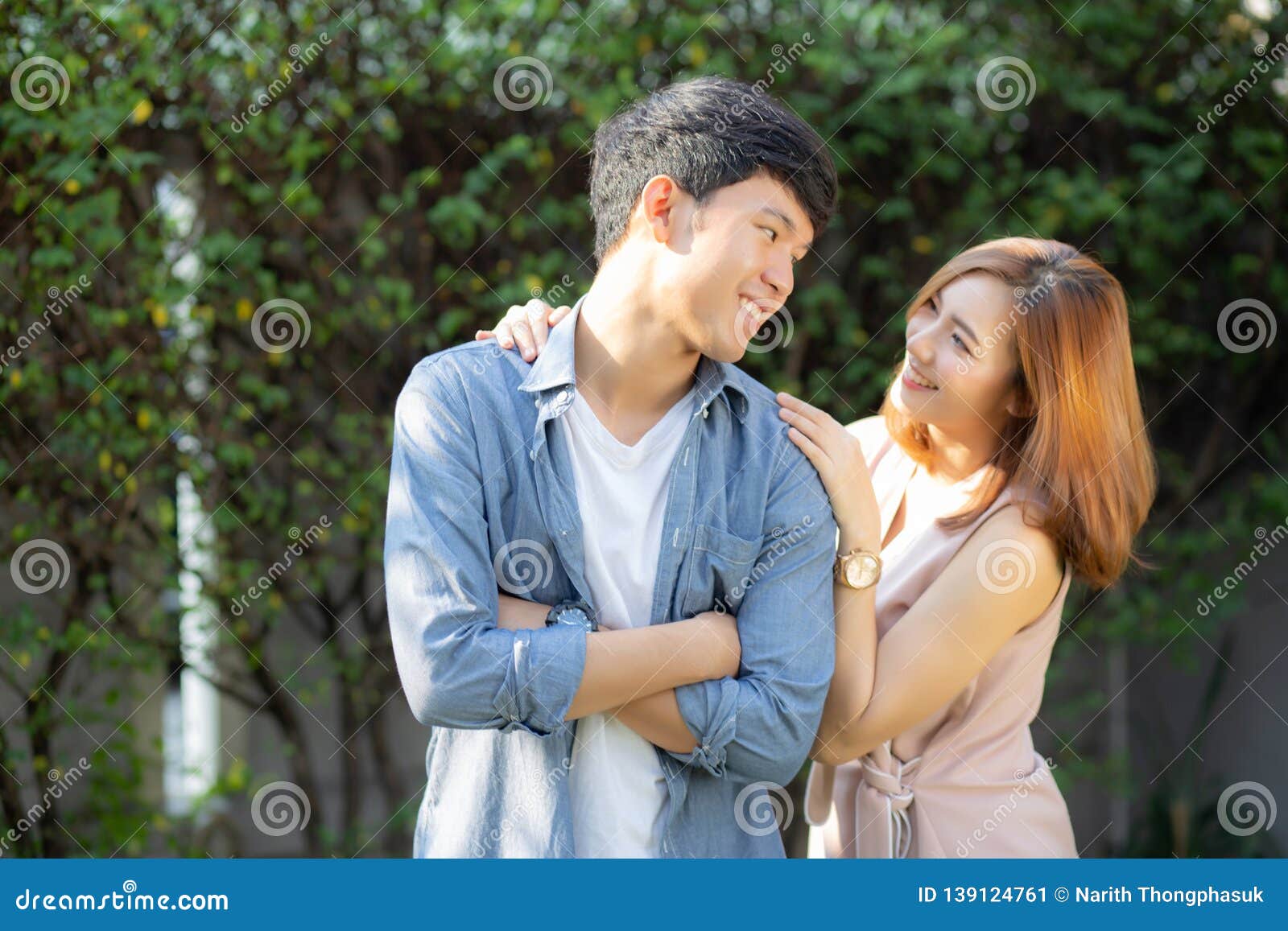 Beautiful Portrait Couple Looking Each Others Eyes and Smiling with Happy, Young Asian Man and Woman Relation with Love Dating Stock Image