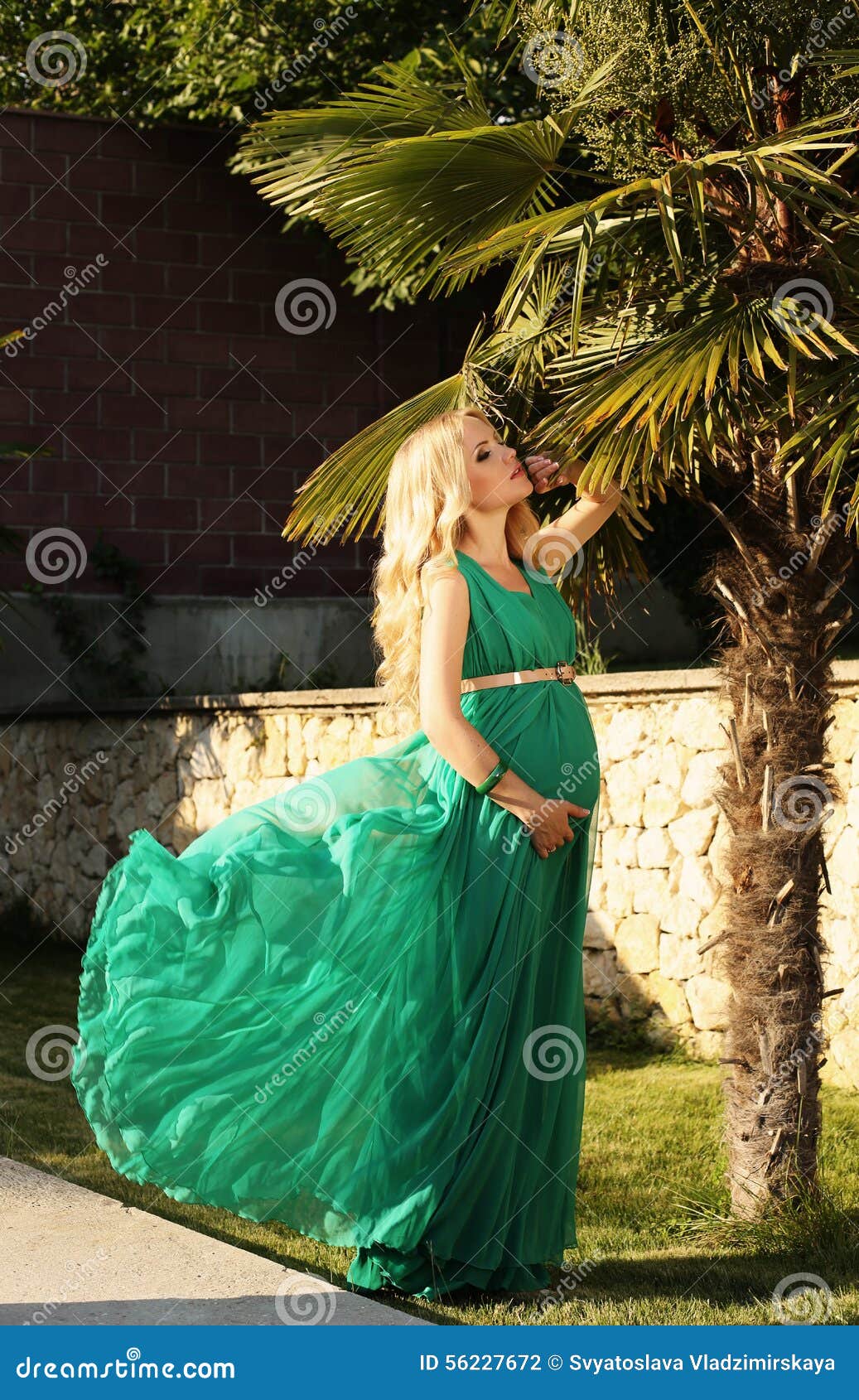 Beautiful Pregnant Woman With Blond Hair In Elegant Dress