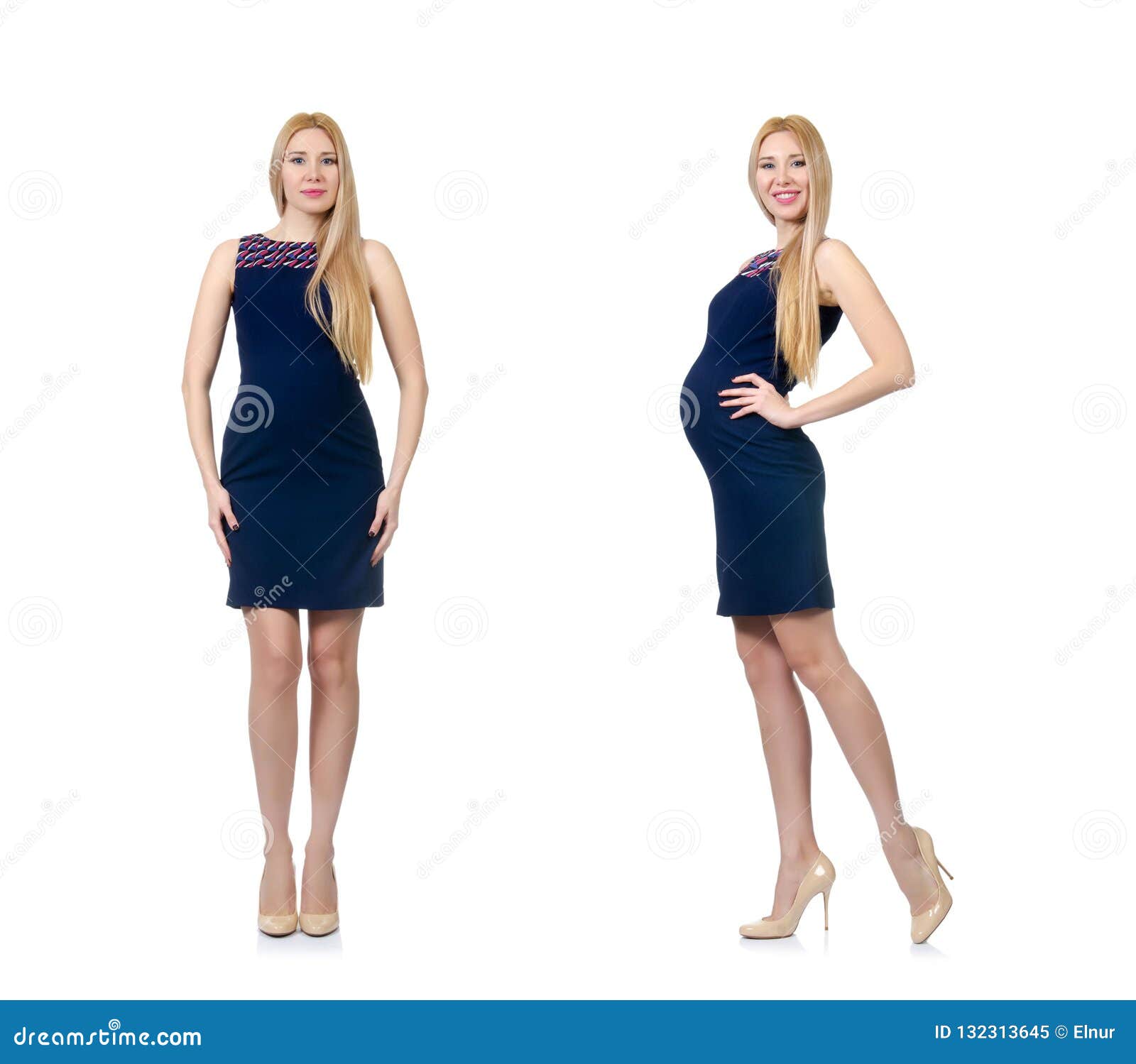 The Beautiful Pregnant Woman in Blue Dress Isolated on White Stock ...