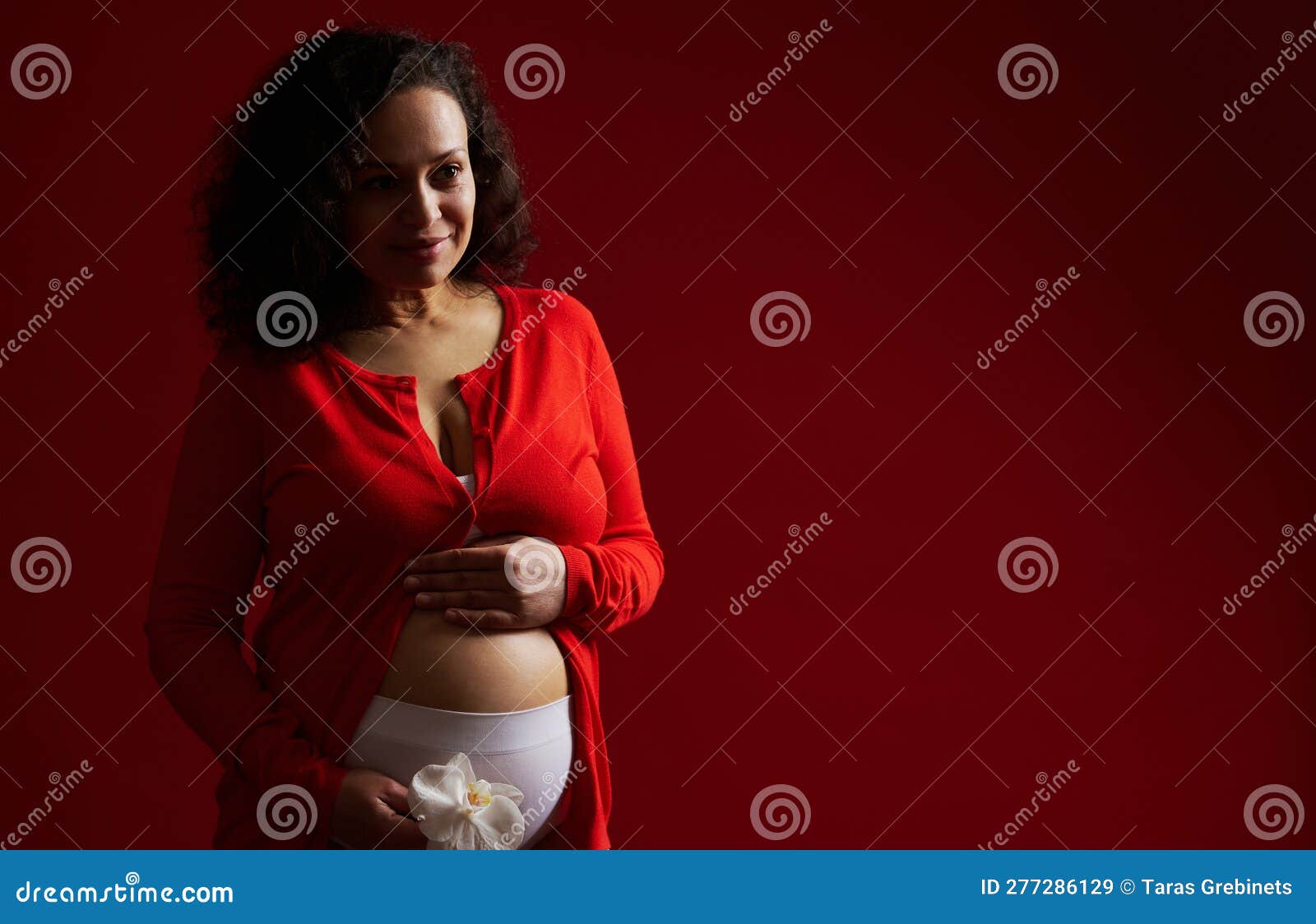 Beautiful Pregnant Woman, Expectant Mother Smiling, Caressing Her